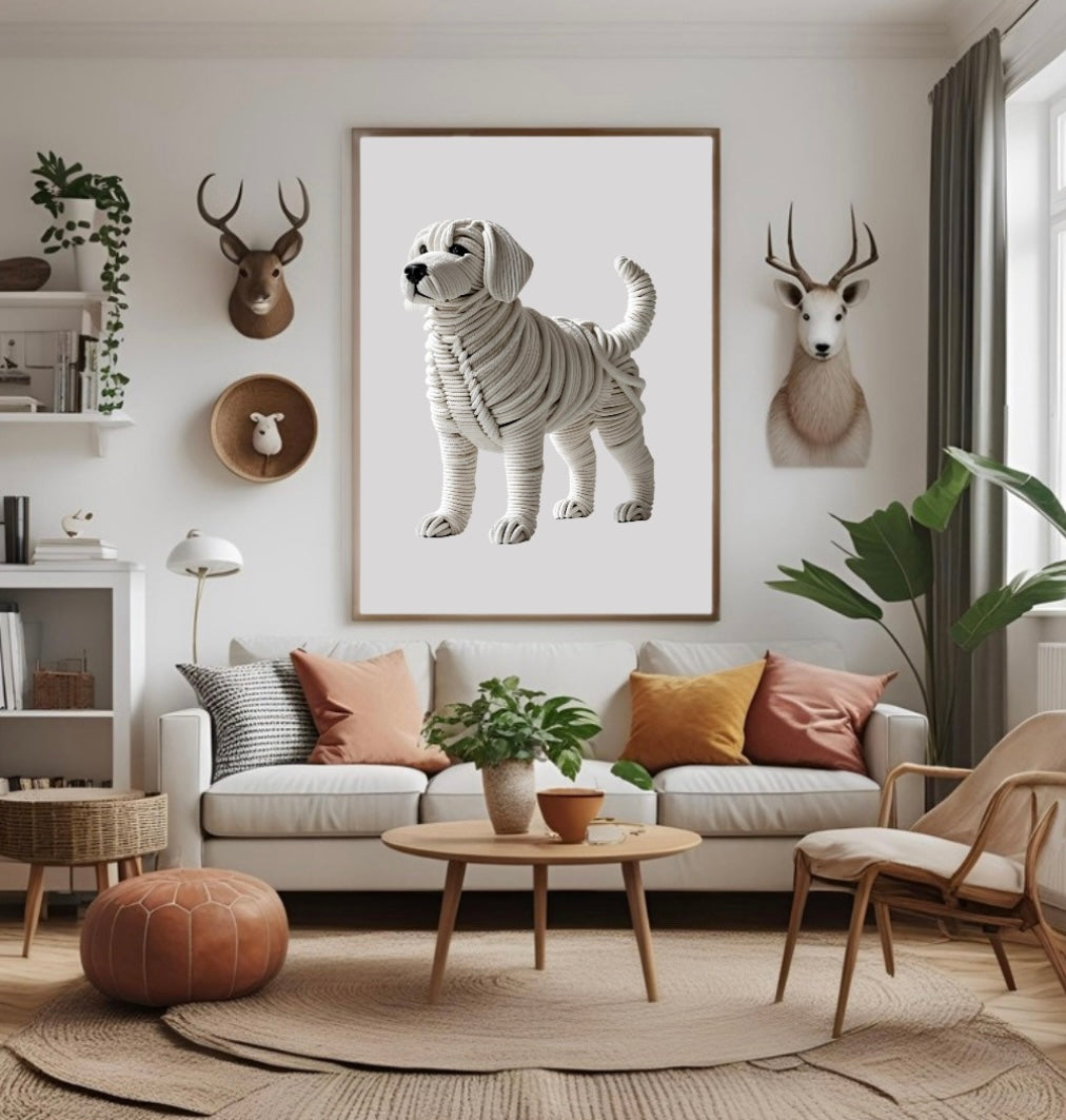 Elegantes Hundeposter aus Seilen mit plastischer 3D-Optik im Wohnzimmer über dem Sofa im Holzrahmen als stilvolle Tier-Wanddekoration