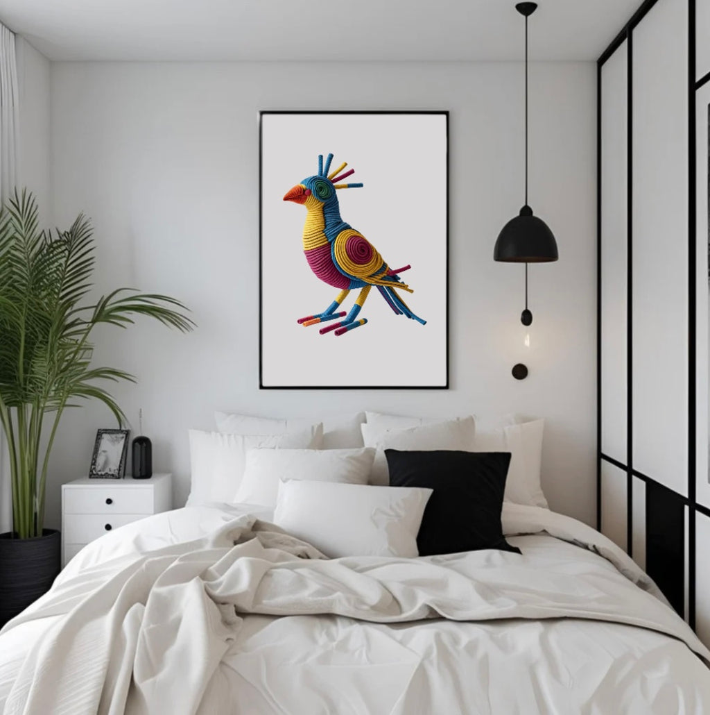 Lebendiges Vogelkunstwerk aus Seil in warmen Farben, gerahmt, perfekt als Blickfang über dem Bett im gemütlichen Schlafzimmer mit dunklem Holzrahmen