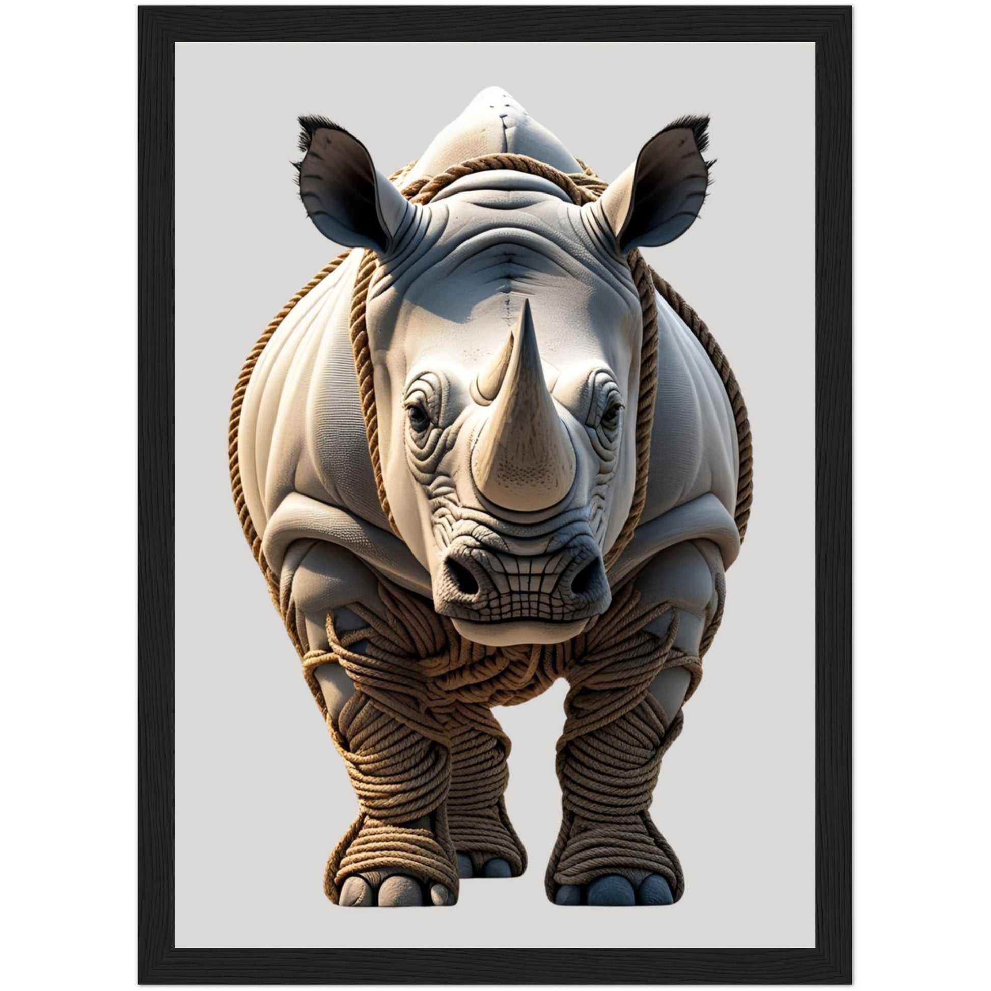 Gerahmtes 3D Nashorn Poster aus Seilen im schwarzen Holzrahmen – kraftvolle Wandkunst für Wohnzimmer oder Schlafzimmer