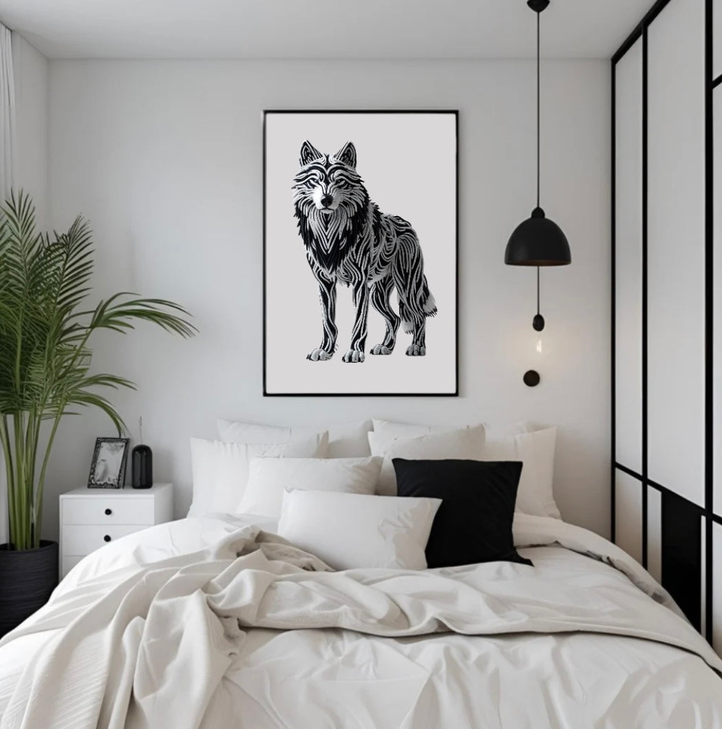 Wandbild mit Wolfsmotiv aus Seilen und plastischem 3D-Effekt, gerahmt über dem Bett im Schlafzimmer für eine eindrucksvolle Raumgestaltung