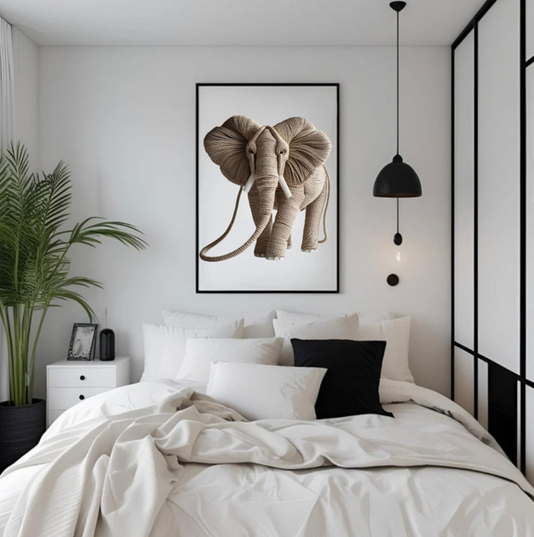 Gerahmtes Poster mit Elefantenmotiv aus Seilen und plastischer 3D-Wirkung über dem Bett im Schlafzimmer – ruhige Natur-Wandgestaltung
