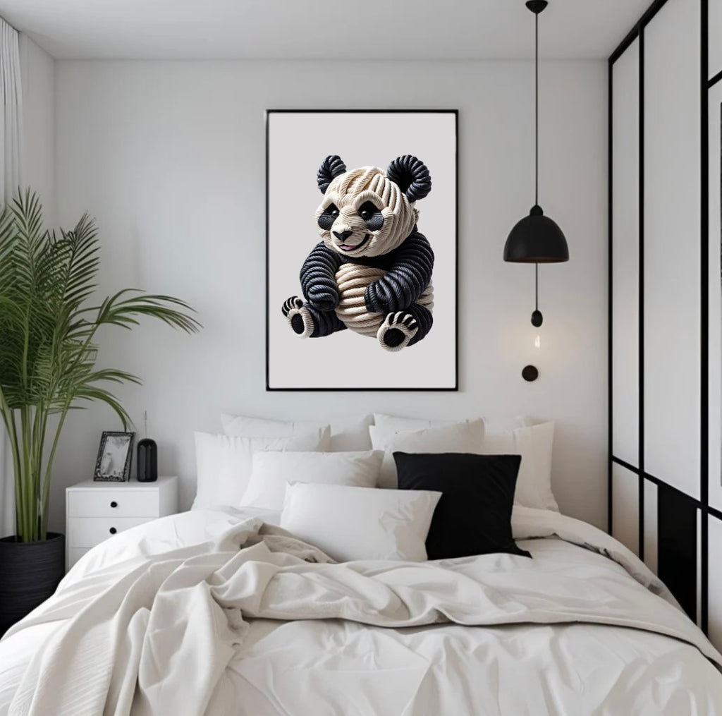 Panda aus Seilen als Poster mit plastischer 3D-Wirkung in Schwarz-Weiß gerahmt über dem Bett im Schlafzimmer – ruhiges und freundliches Wandmotiv