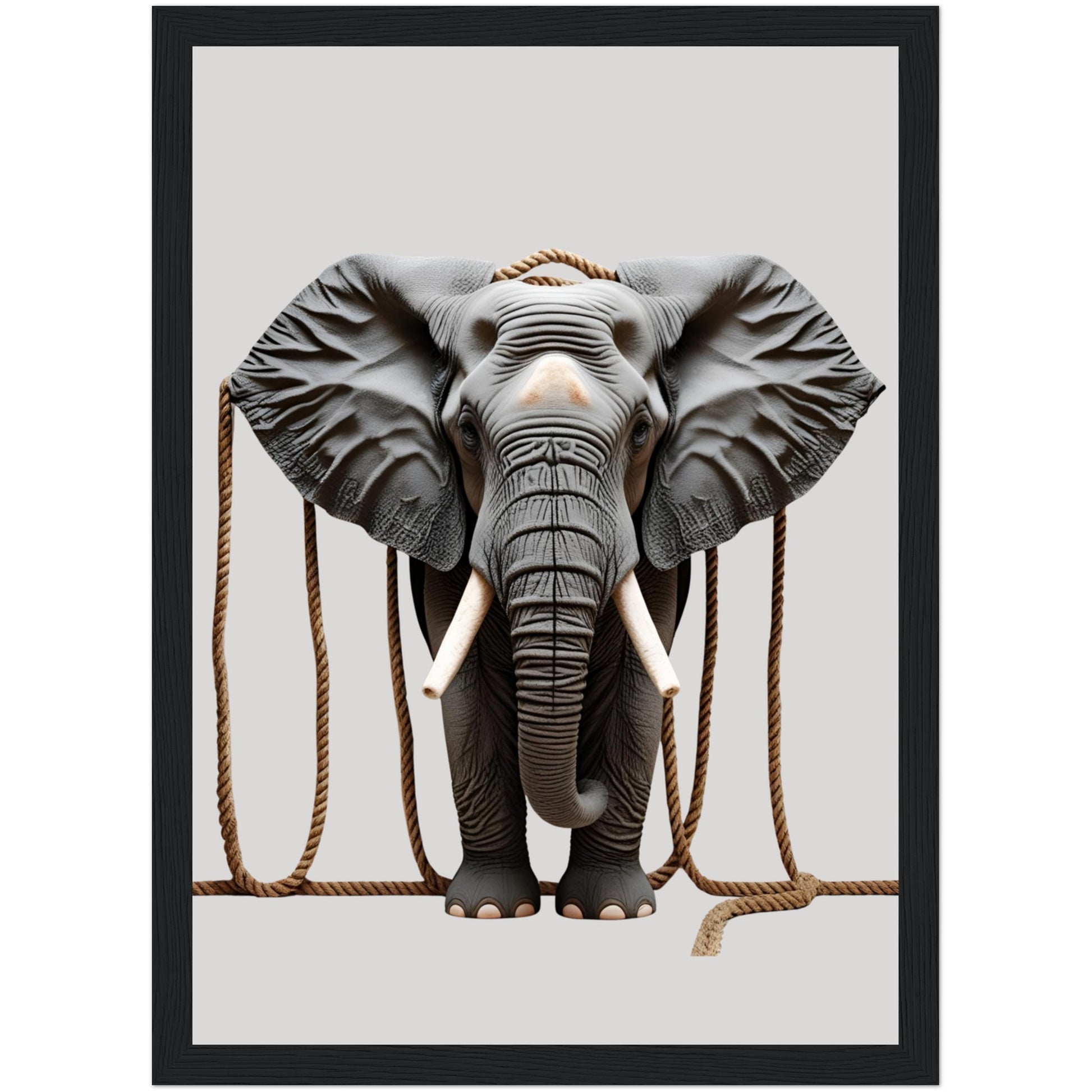 Afrika Poster mit Elefant in 3D-Wirkung durch Seilstruktur im schwarzen Holzrahmen – kraftvolle Tierdeko für moderne Wandgestaltung