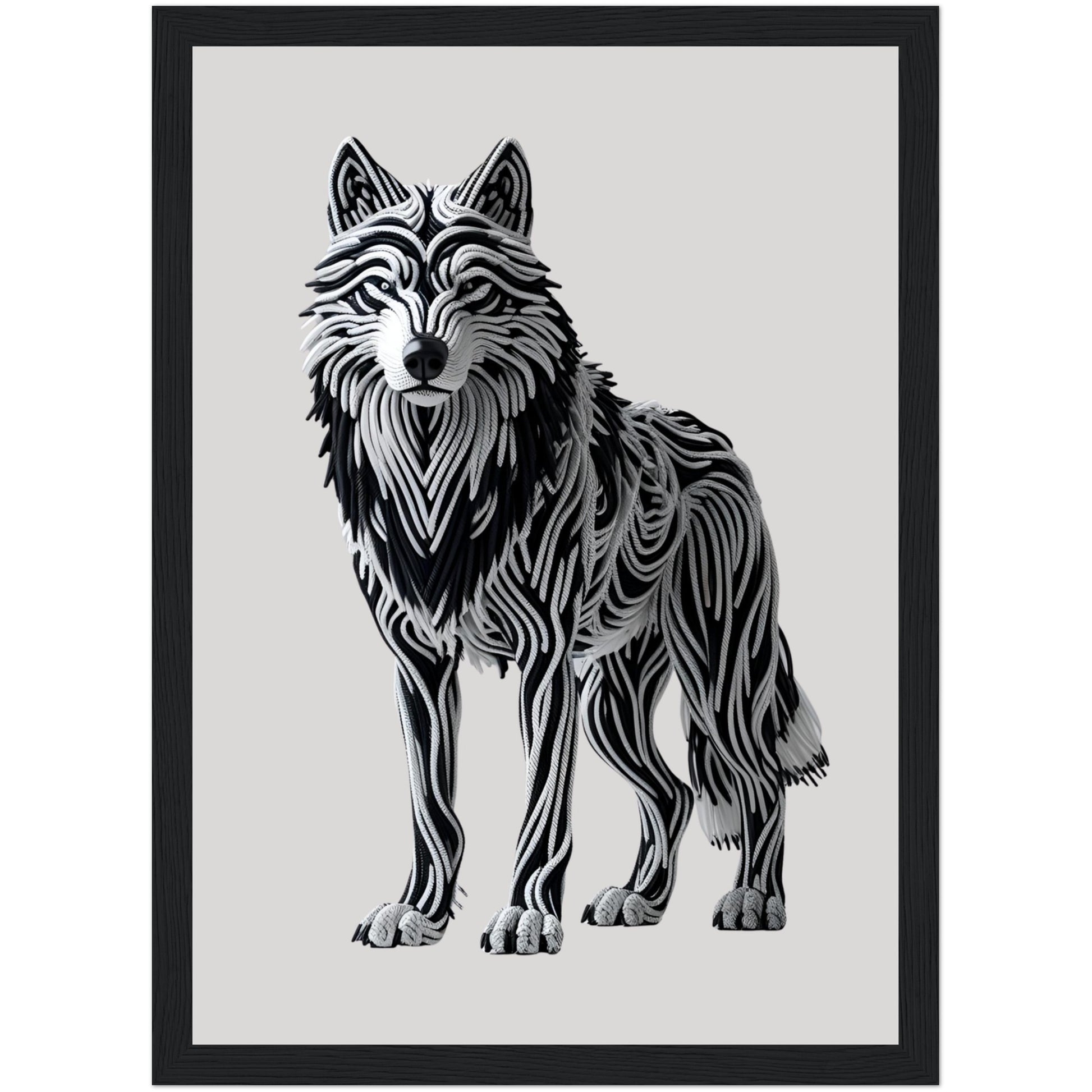Faszinierendes Wolfsposter aus Seilen mit plastischem 3D-Effekt im schwarzen Holzrahmen – kraftvolle Tier-Wandkunst für Wohn- oder Schlafzimmer