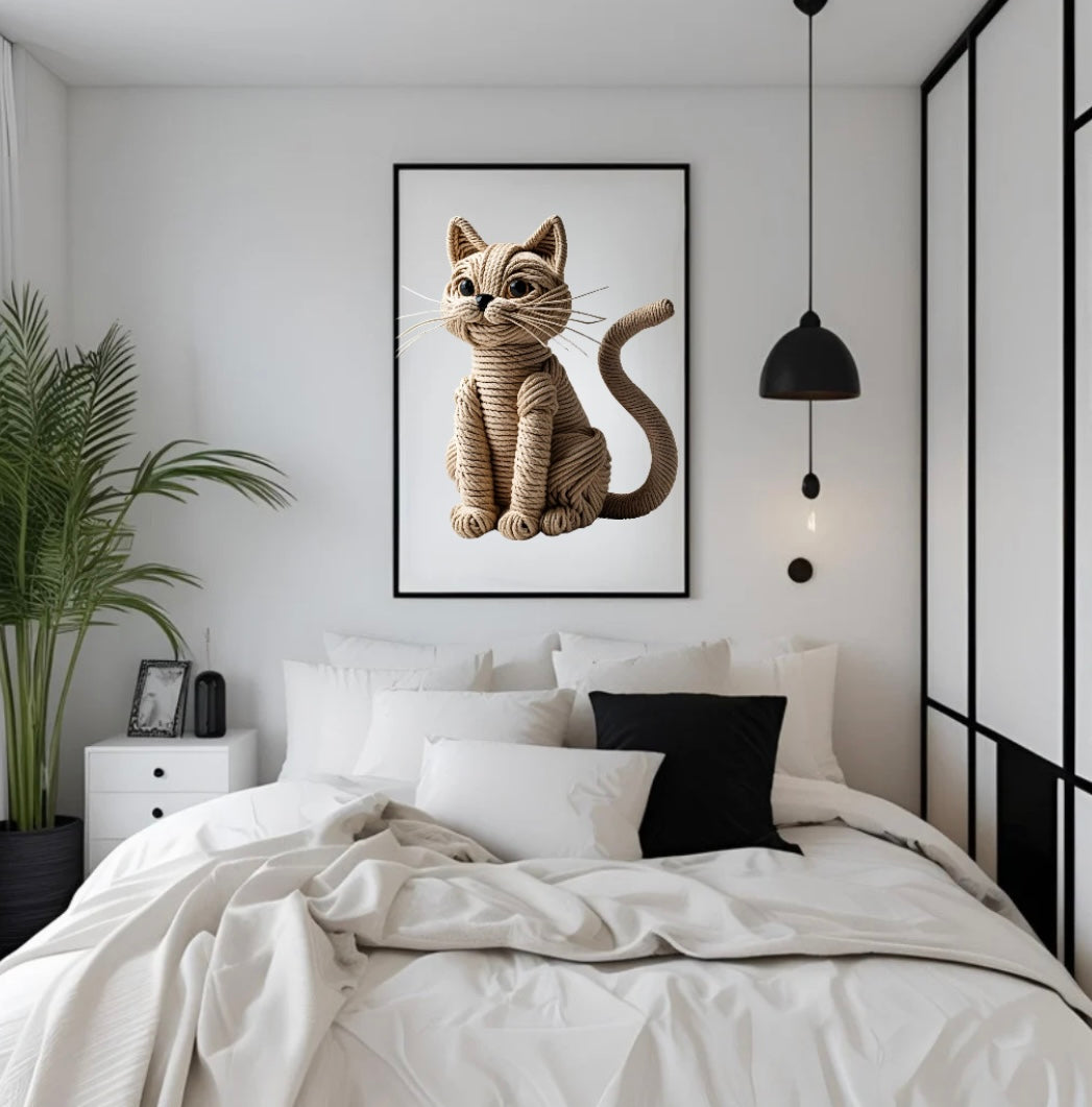Gerahmtes 3D-Katzenposter aus Seil über dem Bett im Schlafzimmer – stilvolle Tierwandkunst für gemütliche Räume