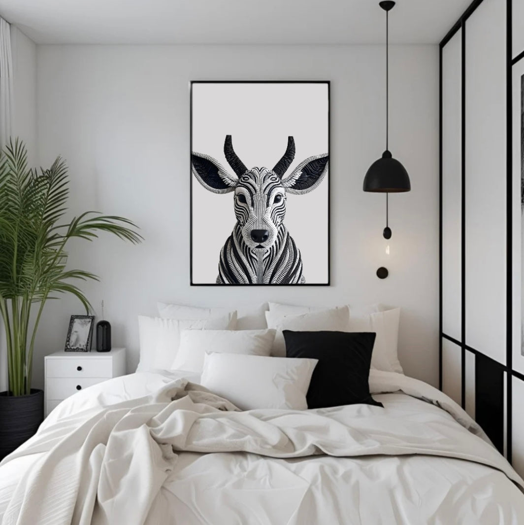 Schlafzimmer-Wanddeko mit Ziegenkopf aus Seilen – minimalistisches Poster mit Holzrahmen in Naturton