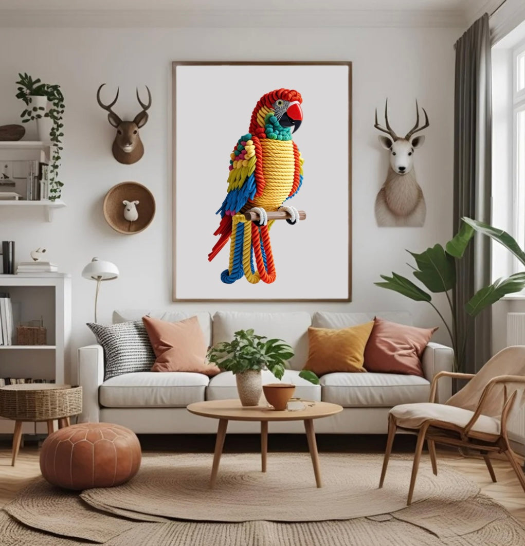Buntes Papageienposter aus Seil mit lebendiger 3D-Optik auf Stange im Holzrahmen als farbenfrohe Wanddeko im Wohnzimmer über dem Sofa