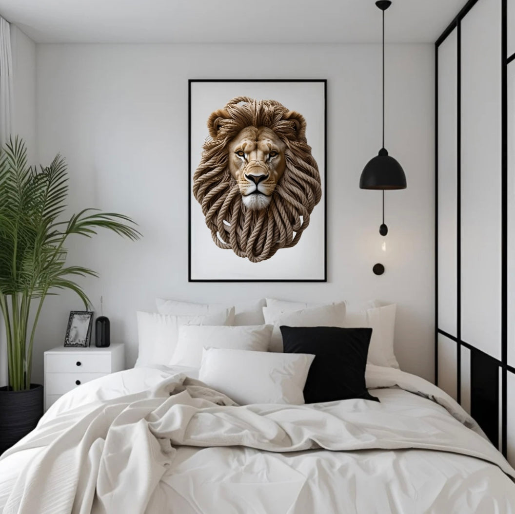 Gerahmter Kunstdruck eines Löwenkopfs mit detailreicher Mähne aus Seilen über dem Bett im Schlafzimmer – majestätische Tierkunst für moderne Räume