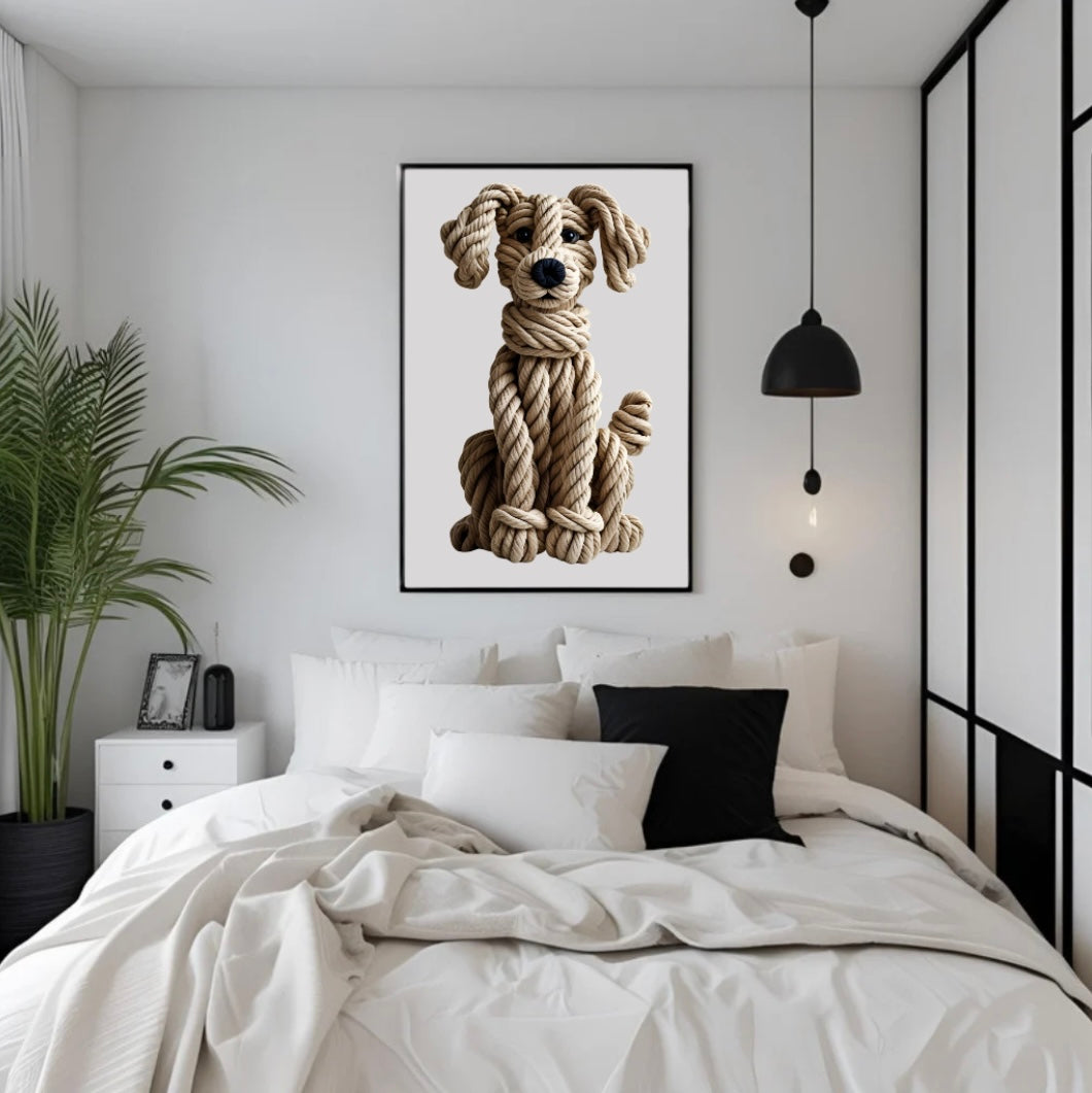 Sanftes Hundeposter aus Seilen in Beige mit dezenter 3D-Wirkung über dem Bett im Schlafzimmer im Rahmen als beruhigende Wandgestaltung