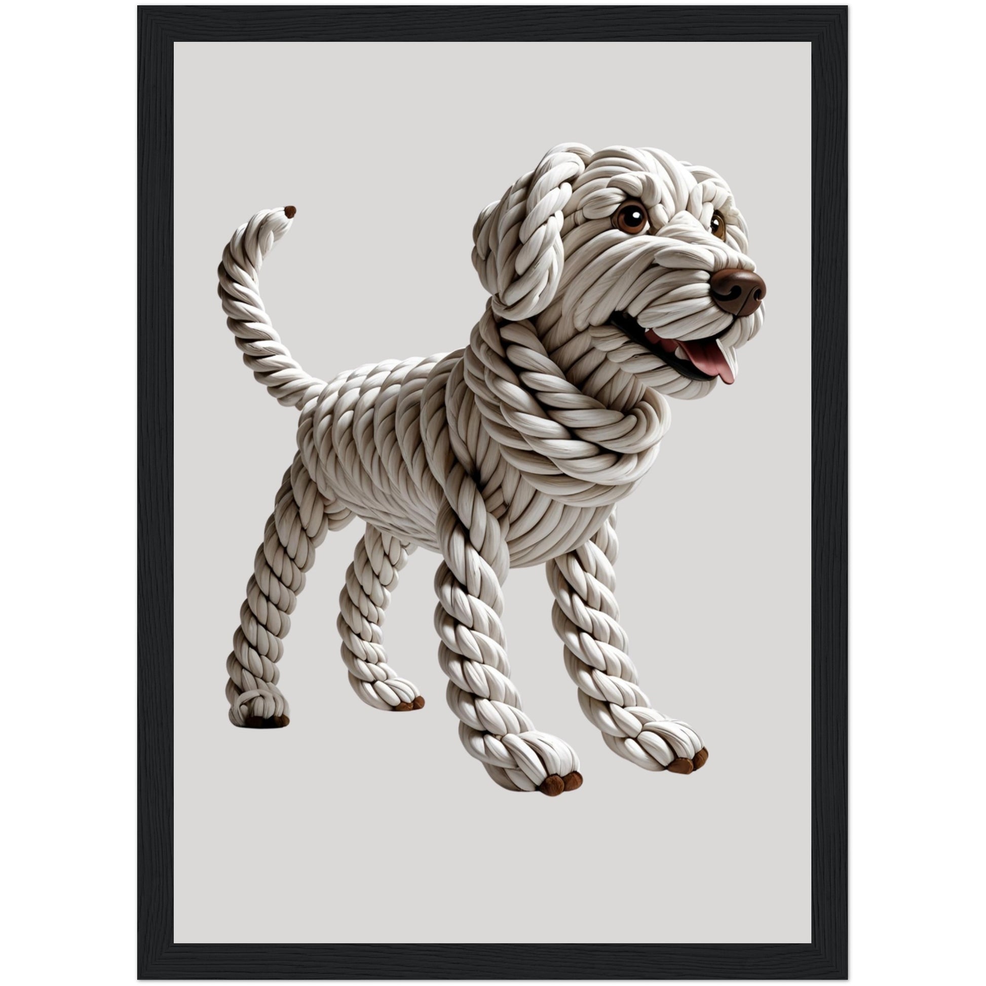 Gerahmtes Hundeposter mit 3D-Seiloptik und Zunge in schwarzem Holzrahmen – lebendige und charmante Wanddeko für Wohn- oder Schlafzimmer