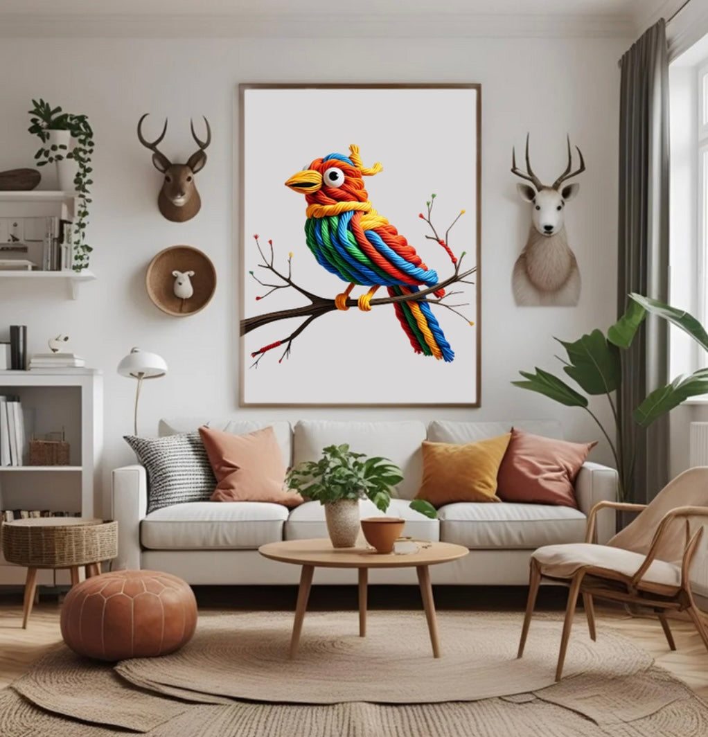 Gerahmtes Wandbild mit farbenfrohem Vogel aus Seil in 3D-Optik über dem Bett im Schlafzimmer – stilvolle Tierdeko für kreative Raumgestaltung