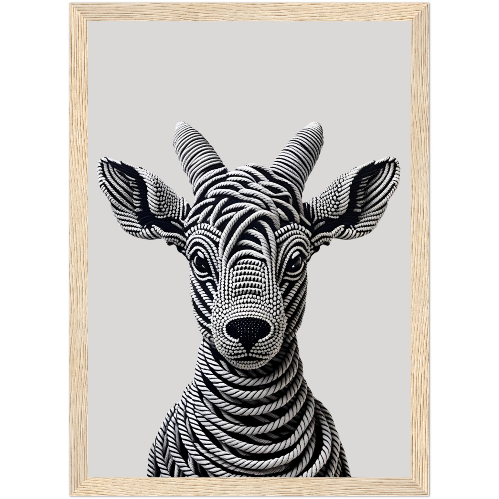 Gerahmtes Tierposter mit Ziegenkopf in Schwarz und Grau aus Seil in 3D-Optik im naturfarbenen Holzrahmen – kreative Wandgestaltung