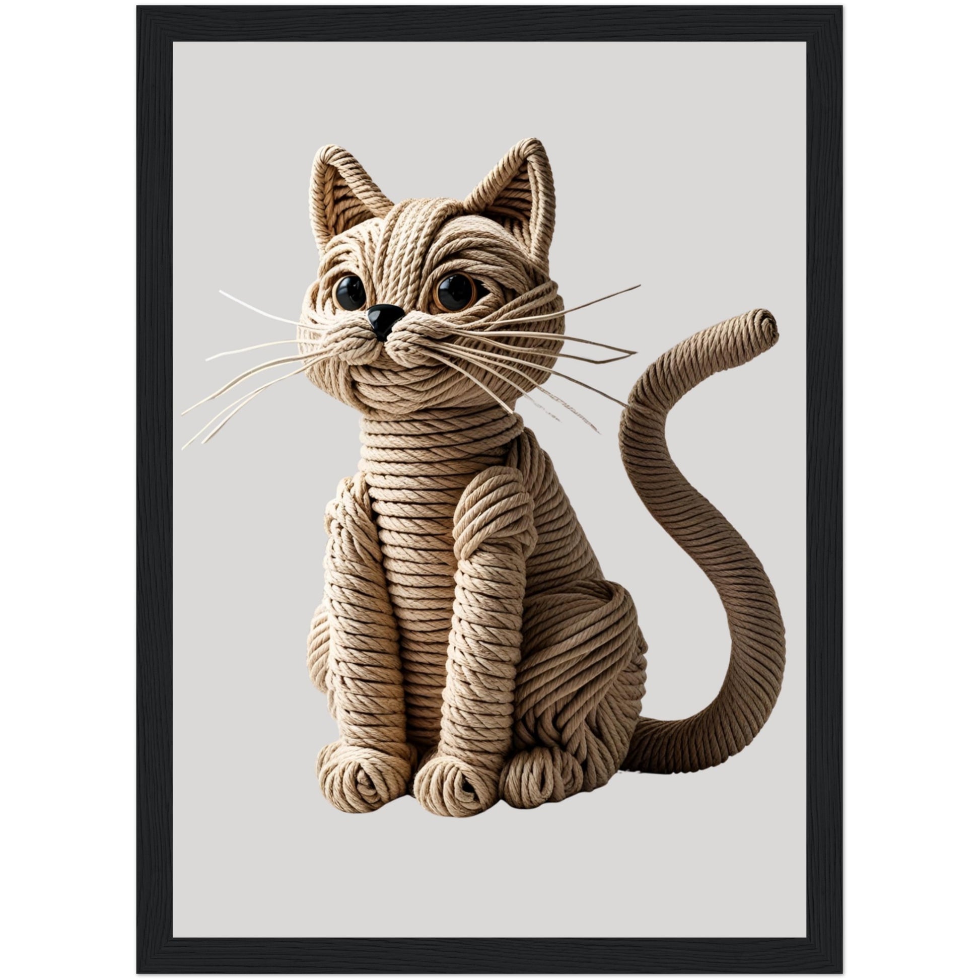 Kunstvolles Katzenposter in 3D-Seiloptik im schwarzen Holzrahmen – zeitlose Tierwandkunst für stilbewusste Katzenfan