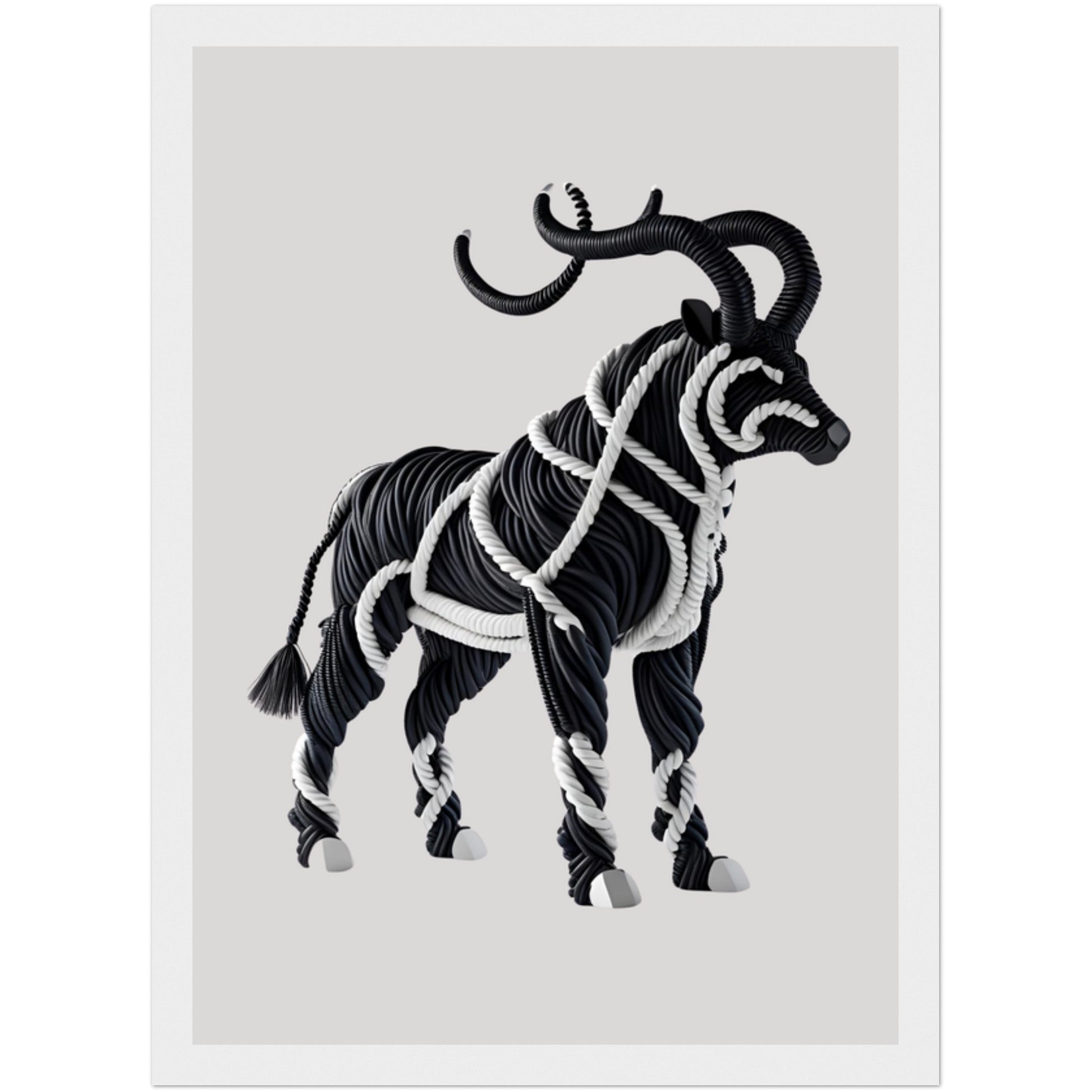Wandbild mit Tiermotiv in 3D – Schwarz-Weiß Poster mit Hörnern und weißem Rahmen für moderne Räume