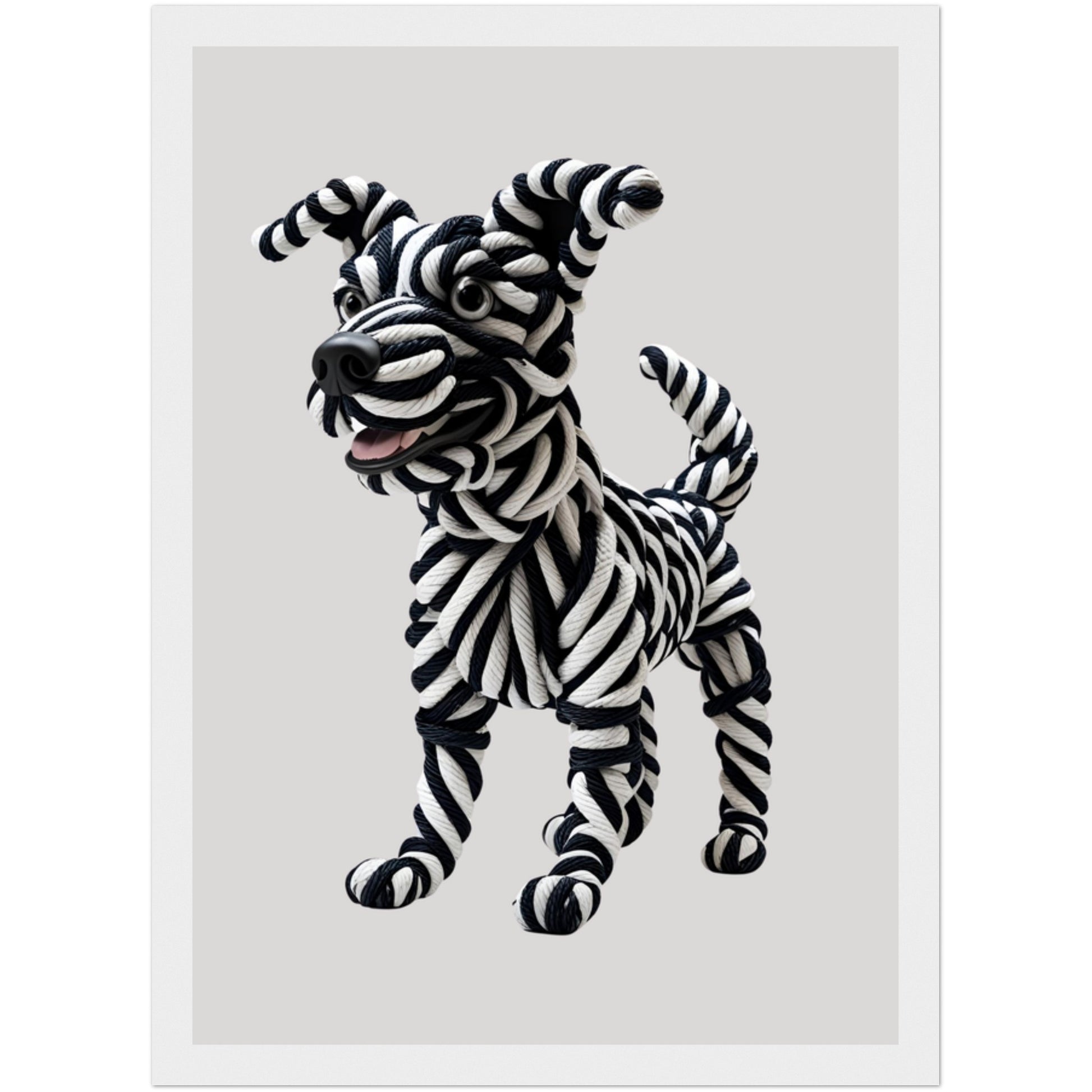 Gerahmtes Hunde Motiv in Schwarz-Weiß aus kunstvoll gelegten Seilen mit plastischer 3D-Wirkung im hellen Holzrahmen als stilvolle Wandgestaltung