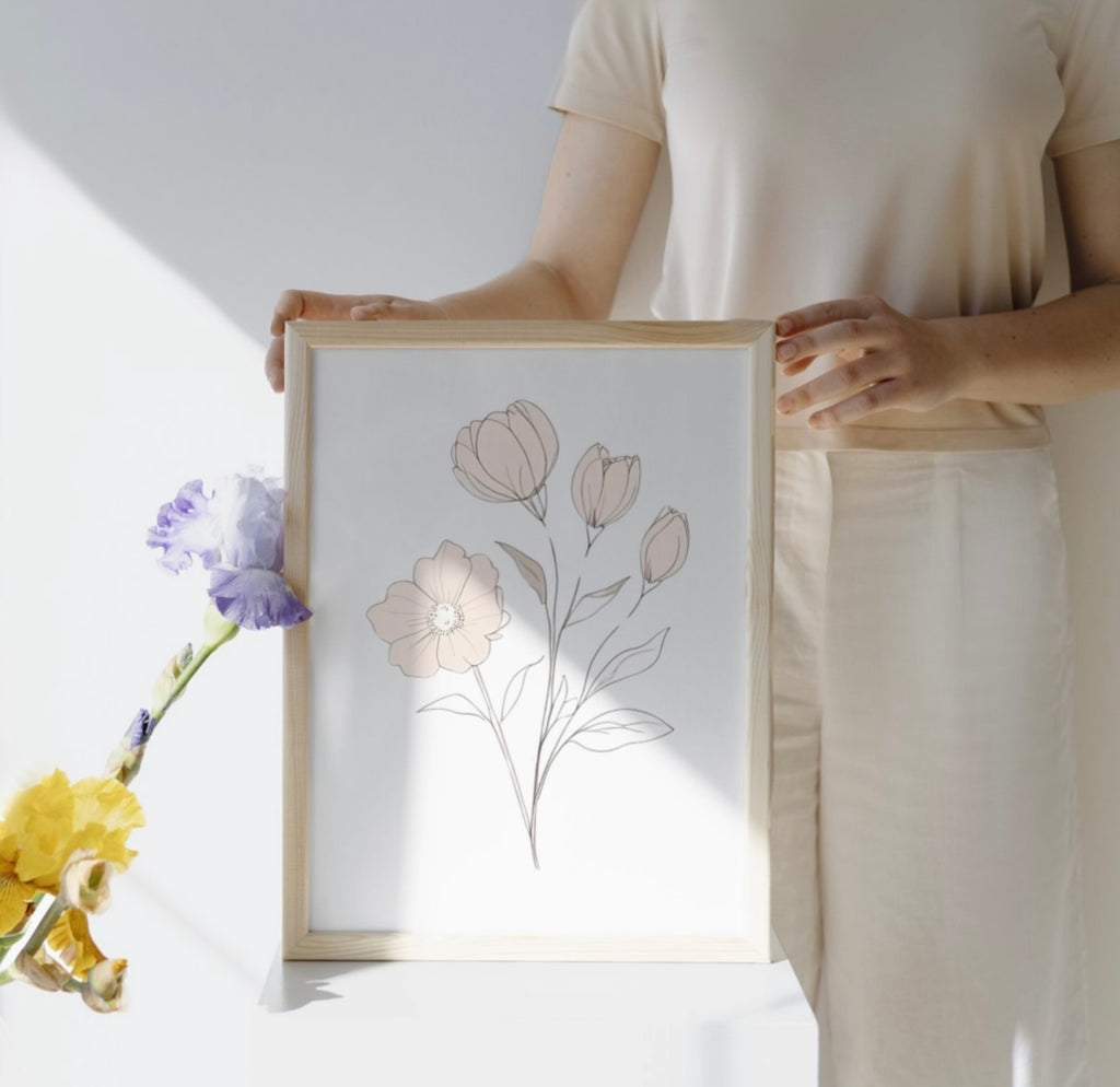 Boho Poster Line Art A4 A3 A2 – Blumen Illustration – Beige Rosa – Skandi Stil