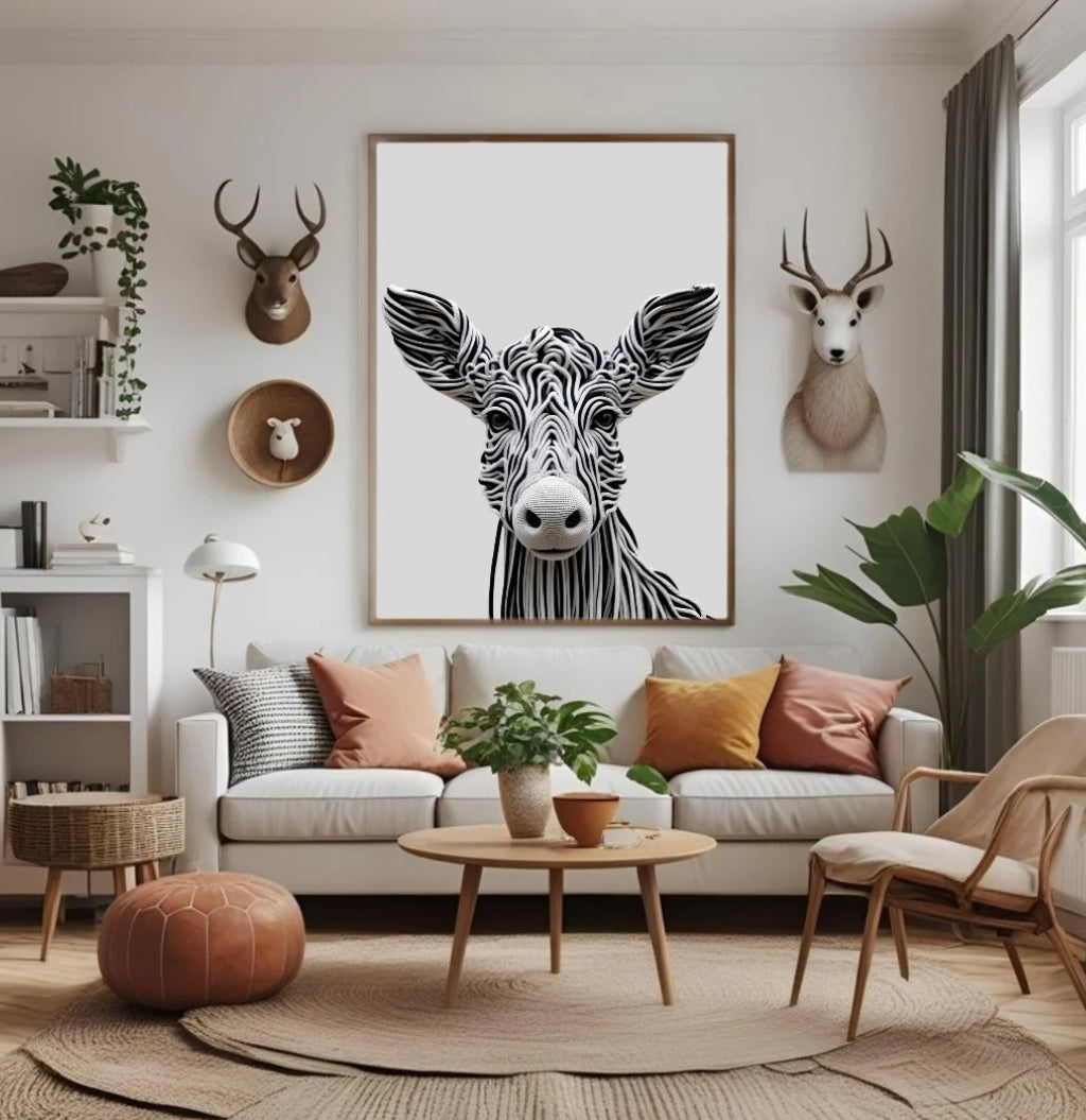 Wandbild Schwarz-weißer Kuhkopf aus Seilen – Gerahmt mit natürlicher 3D-Optik (A4, A3, A2)
