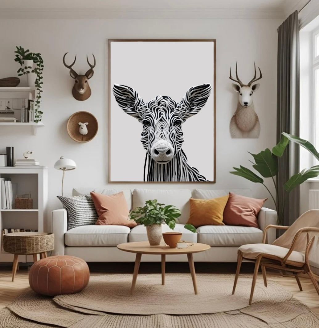 Wandbild Schwarz-weißer Kuhkopf aus Seilen – Gerahmt mit natürlicher 3D-Optik (A4, A3, A2)