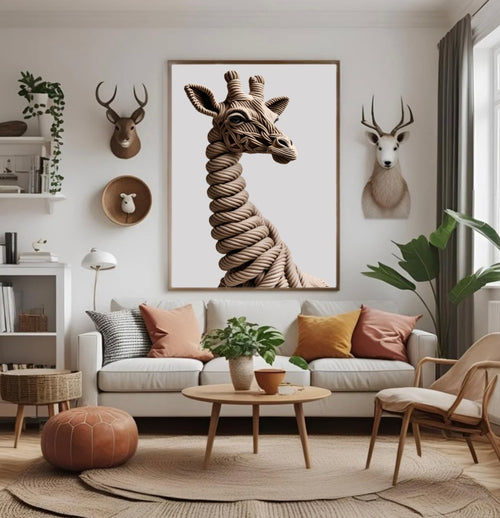 Natur-inspiriertes Giraffenposter aus Seil mit 3D-Effekt im Wohnzimmer über dem Sofa im Holzrahmen als stilvolle Tier-Wanddekoration