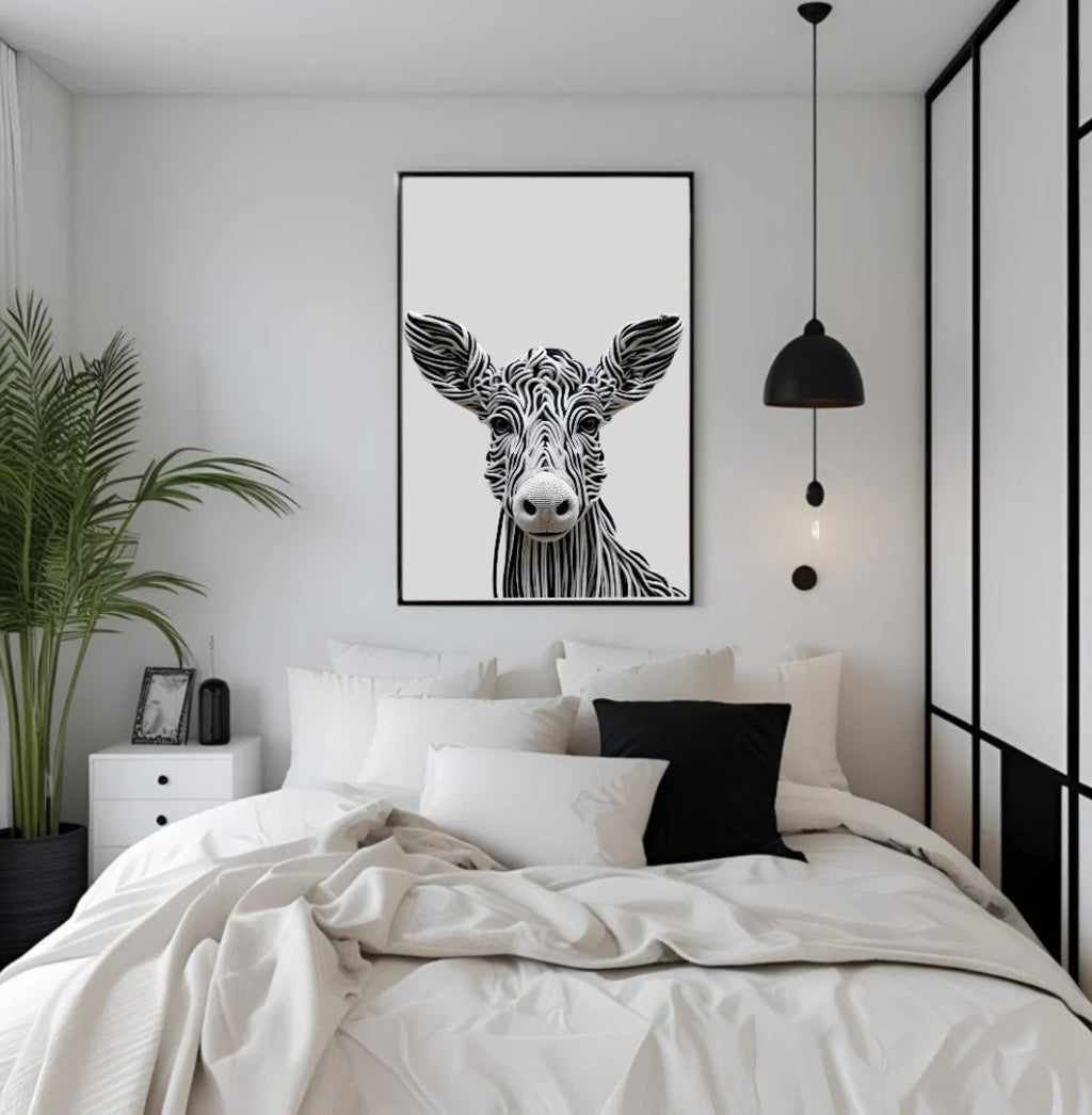 Gerahmtes Kuhkopf-Wandbild mit Seilmotiv – minimalistische Schlafzimmer-Deko in Schwarz-Weiß mit 3D-Effekt