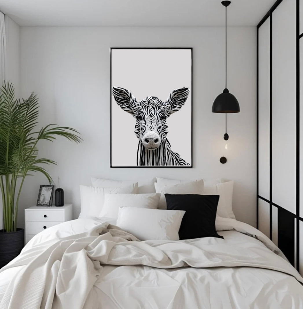 Gerahmtes Kuhkopf-Wandbild mit Seilmotiv – minimalistische Schlafzimmer-Deko in Schwarz-Weiß mit 3D-Effekt
