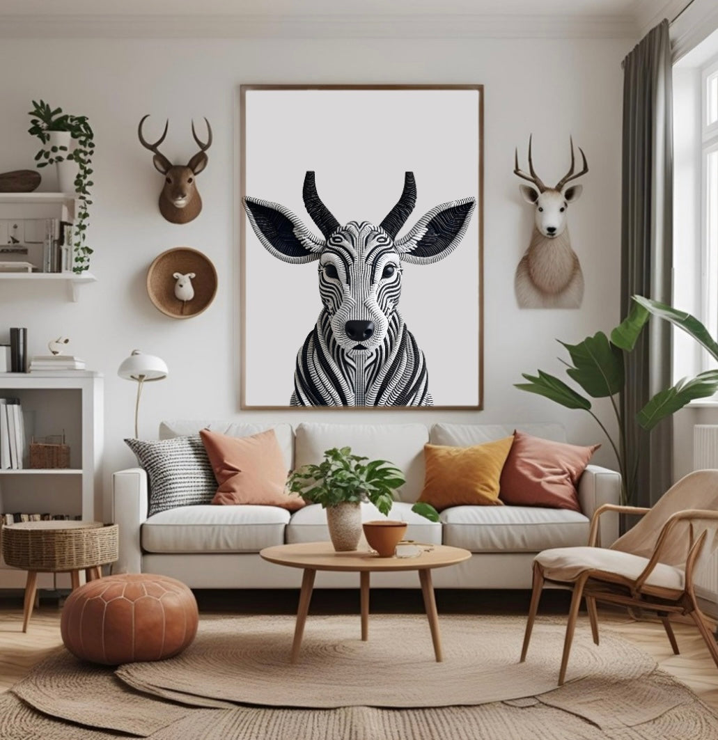 Moderne Wohnzimmer-Deko mit Ziegenkopf Poster in 3D-Optik – stilvoller Blickfang in Schwarz-Weiß