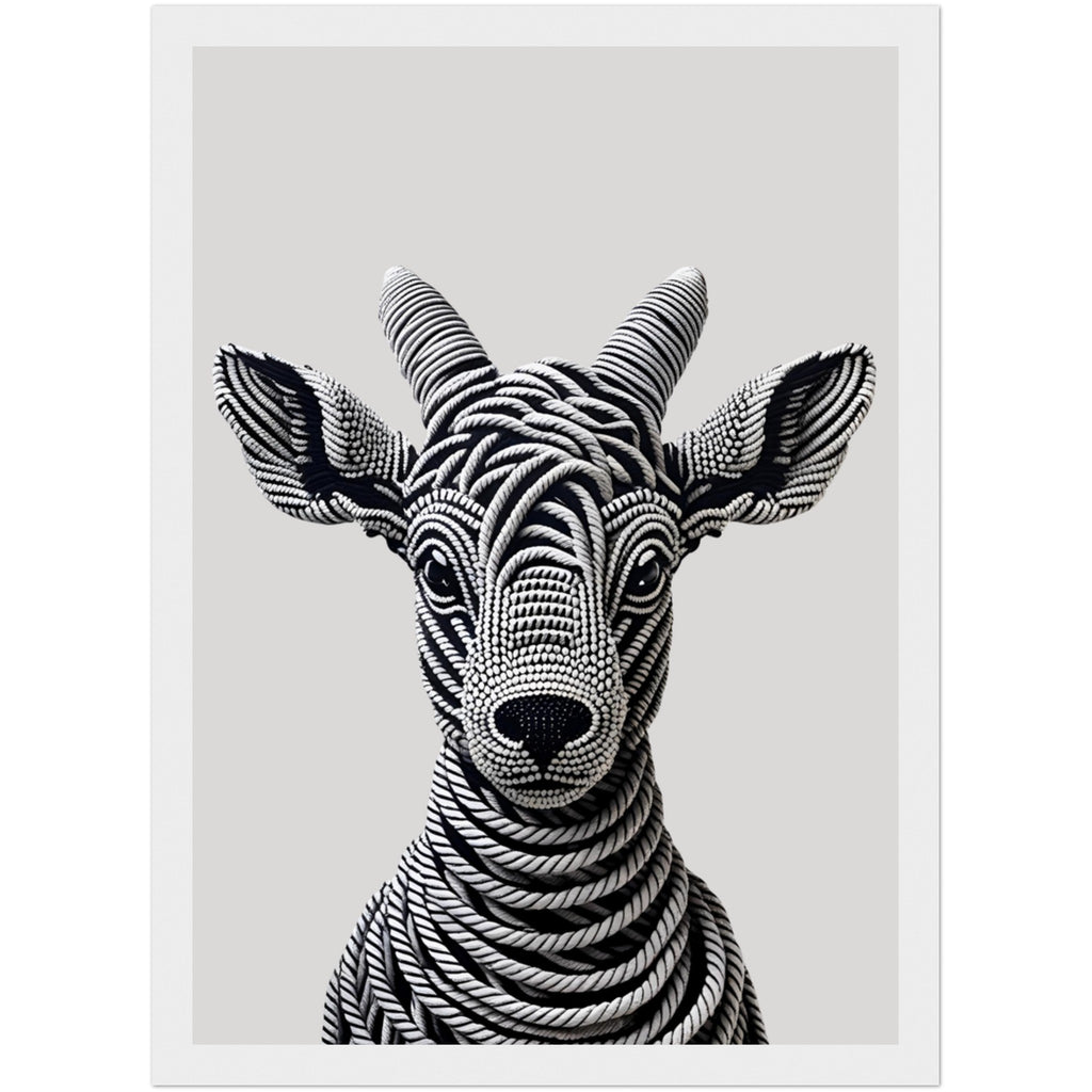 Ziegenkopf Poster aus schwarzen und grauen Seilen mit realistischer 3D-Optik im hellen Holzrahmen – stilvolle Tierkunst für Wohnräume