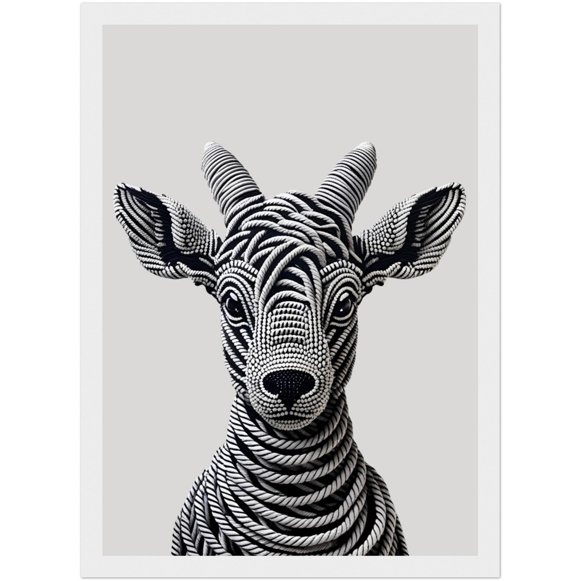 Ziegenkopf Poster aus schwarzen und grauen Seilen mit realistischer 3D-Optik im hellen Holzrahmen – stilvolle Tierkunst für Wohnräume
