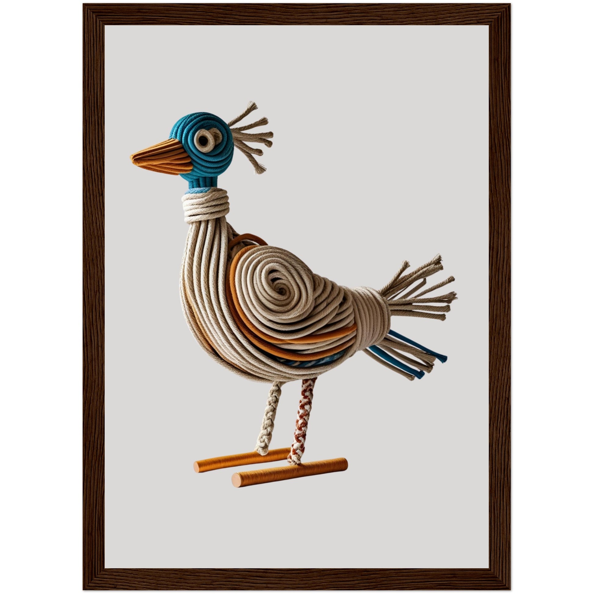 Vogelposter aus Seil in Beige, Blau & Orange in dunklem Holzrahmen, gerahmtes Poster mit 3D-Effekt für moderne Wandgestaltung.