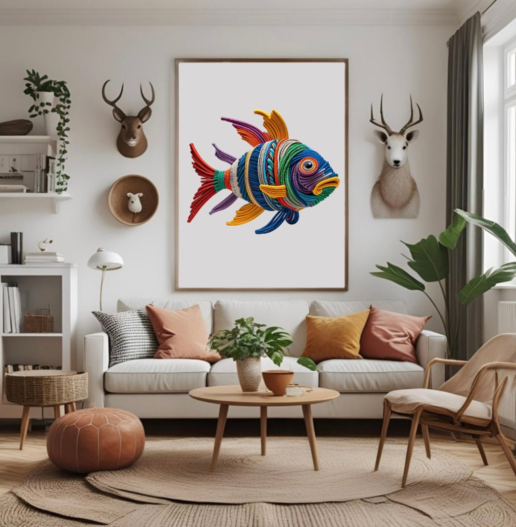 Buntes Fischposter aus Seilen mit lebendiger 3D-Optik im Wohnzimmer über dem Sofa im Holzrahmen als maritime Wanddeko mit Farbspiel