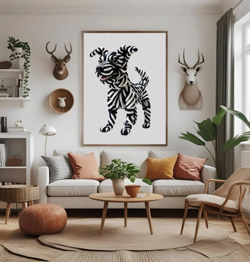 Schwarz-weißes Hunde Poster aus Seilen mit klarer 3D-Optik im Wohnzimmer über dem Sofa in Holzrahmen als moderne Wanddeko für Hundefans