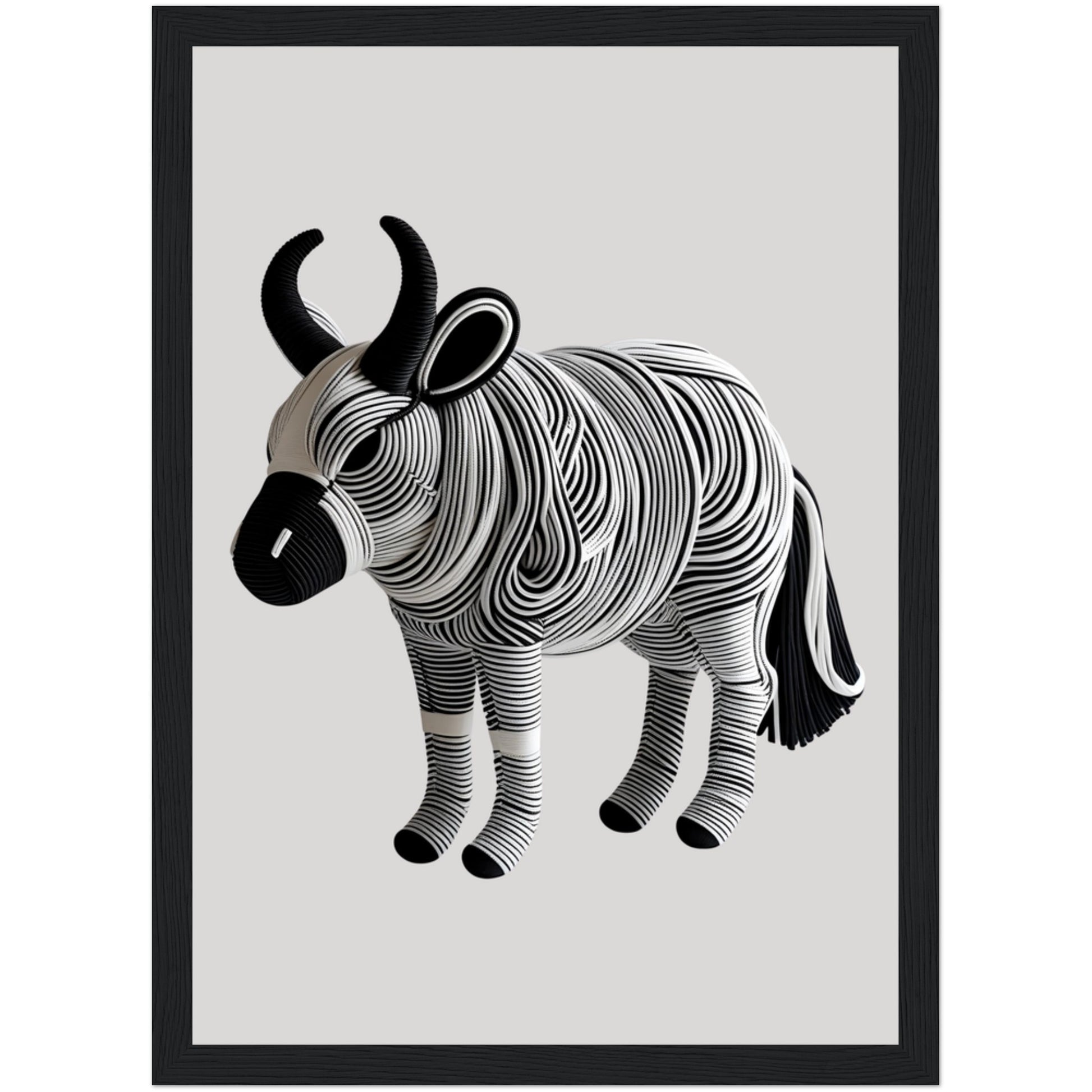 Gerahmtes Büffelposter in Schwarz-Weiß – 3D-Seilmotiv mit schwarzem Holzrahmen, perfekte Wandkunst
