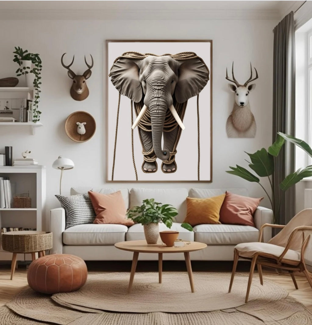 Afrika-inspiriertes Elefant Poster mit Seilelementen im Holzrahmen im Wohnzimmer über dem Sofa als kraftvolle Tier-Wanddekoration