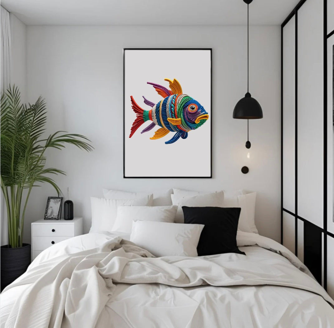 Fischmotiv aus farbigen Seilen mit 3D-Wirkung als gerahmtes Poster über dem Bett im Schlafzimmer – stilvolle Deko mit Meeresflair