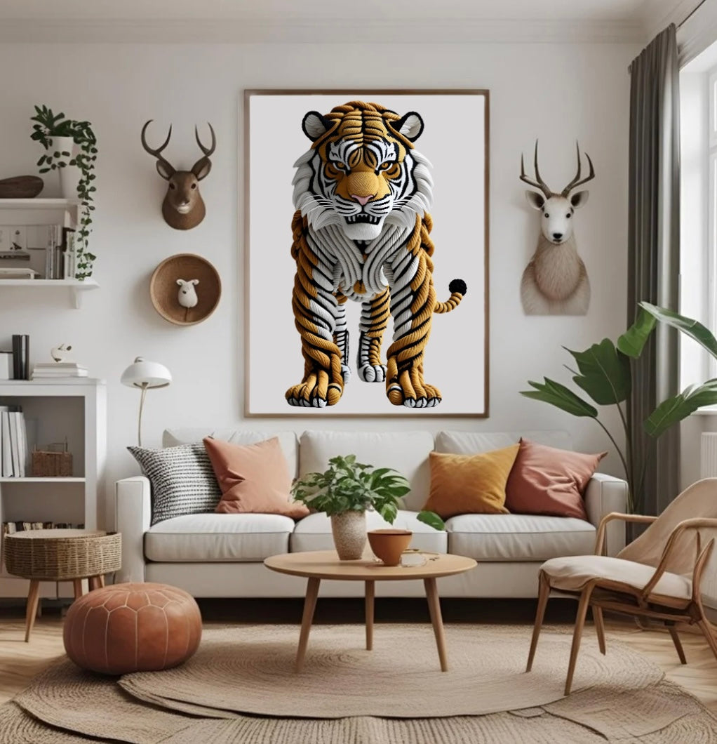 Tiger Wanddeko aus Seil mit plastischem 3D-Effekt im Holzrahmen über dem Sofa im Wohnzimmer – kraftvolles Tierposter für moderne Räume