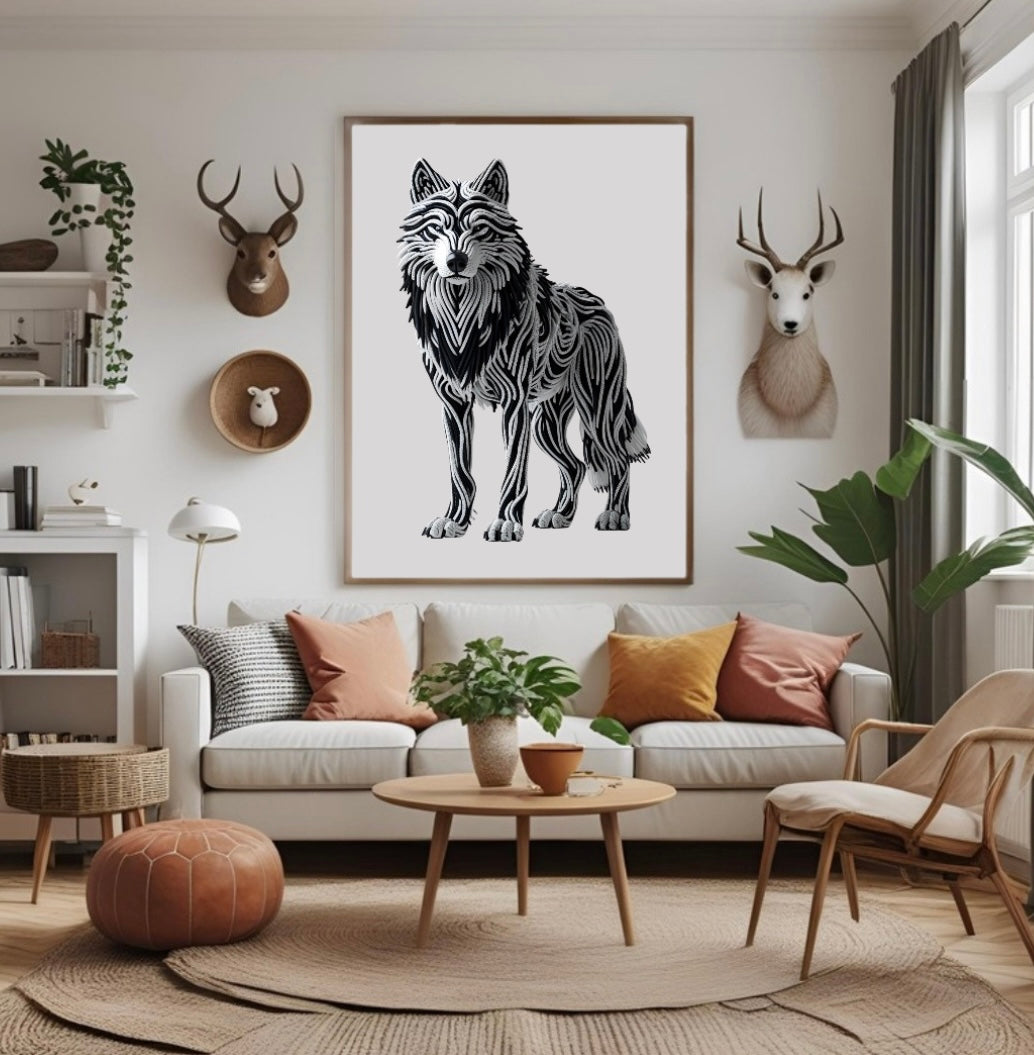 Gerahmtes Wolfsposter aus Seilen mit faszinierender 3D-Optik im Wohnzimmer über dem Sofa als kraftvolle Wanddekoration im Holzrahmen