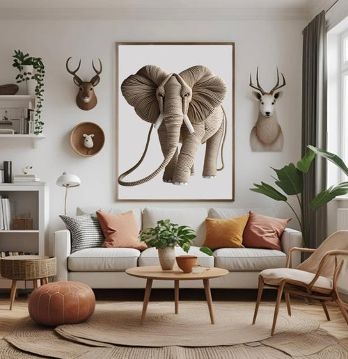 Elefant aus Seil mit 3D-Effekt als natur-inspiriertes Poster im Wohnzimmer über dem Sofa im Holzrahmen – kraftvolle Wanddeko im Tierstil