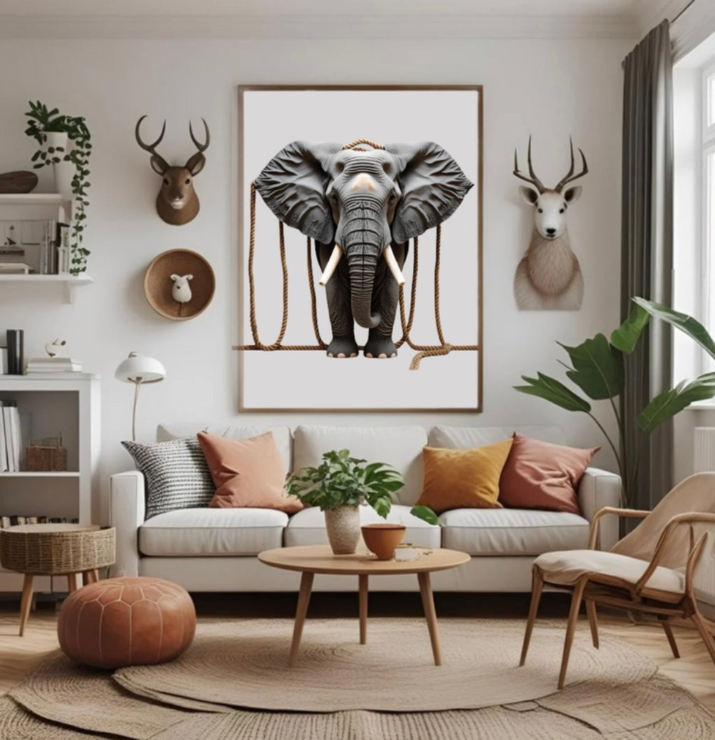 Afrika Poster mit Elefant und Seilakzenten im Holzrahmen im Wohnzimmer über dem Sofa als stilvolle Wanddeko mit Safari-Charme
