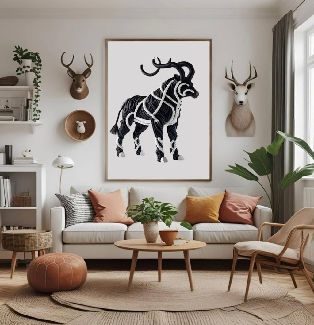 Schwarz-Weiß Poster mit Tier und großen Hörnern – kraftvolle 3D-Seiloptik als moderne Wohnzimmer-Deko