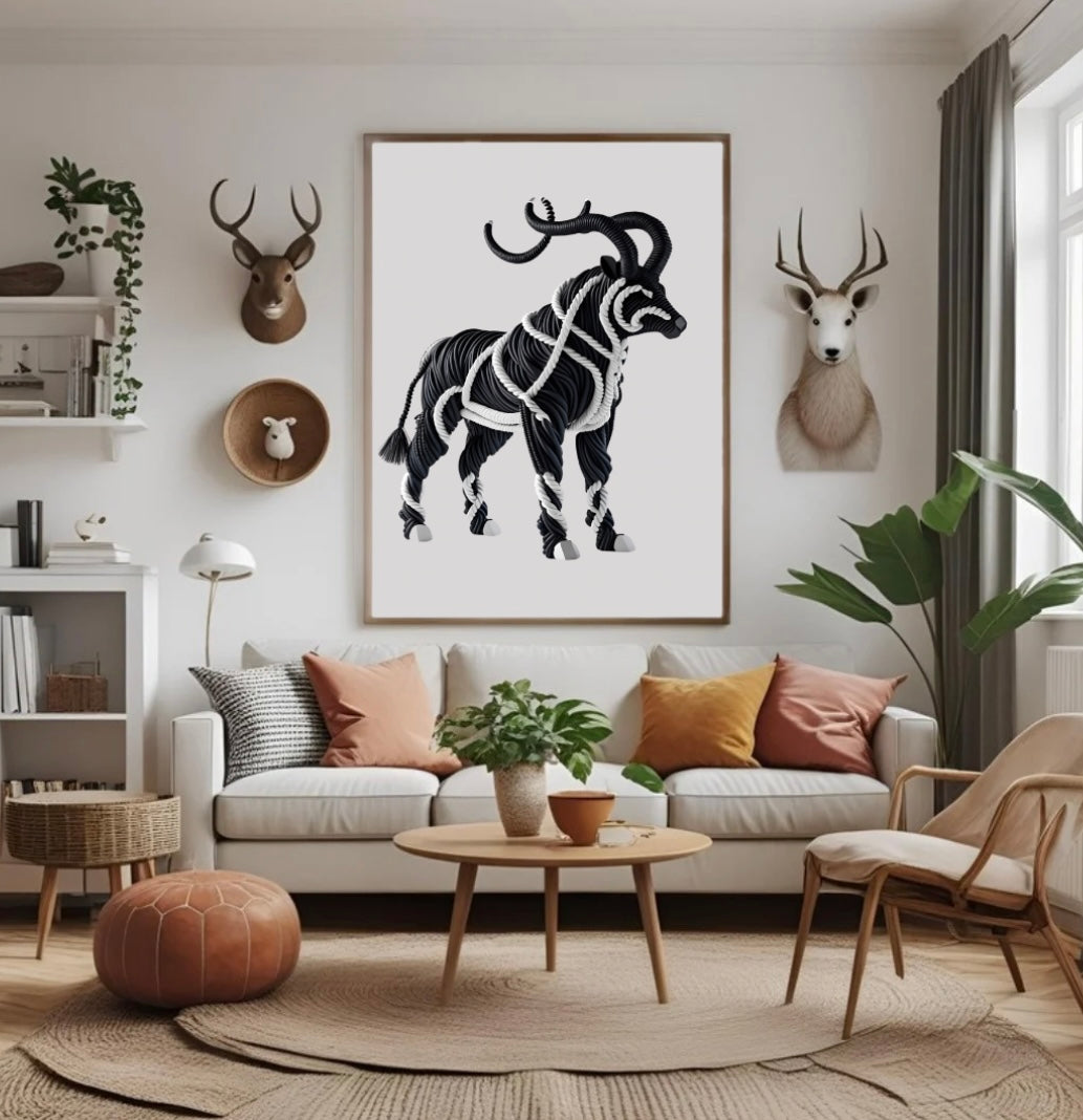 Schwarz-Weiß Poster mit Tier und großen Hörnern – kraftvolle 3D-Seiloptik als moderne Wohnzimmer-Deko