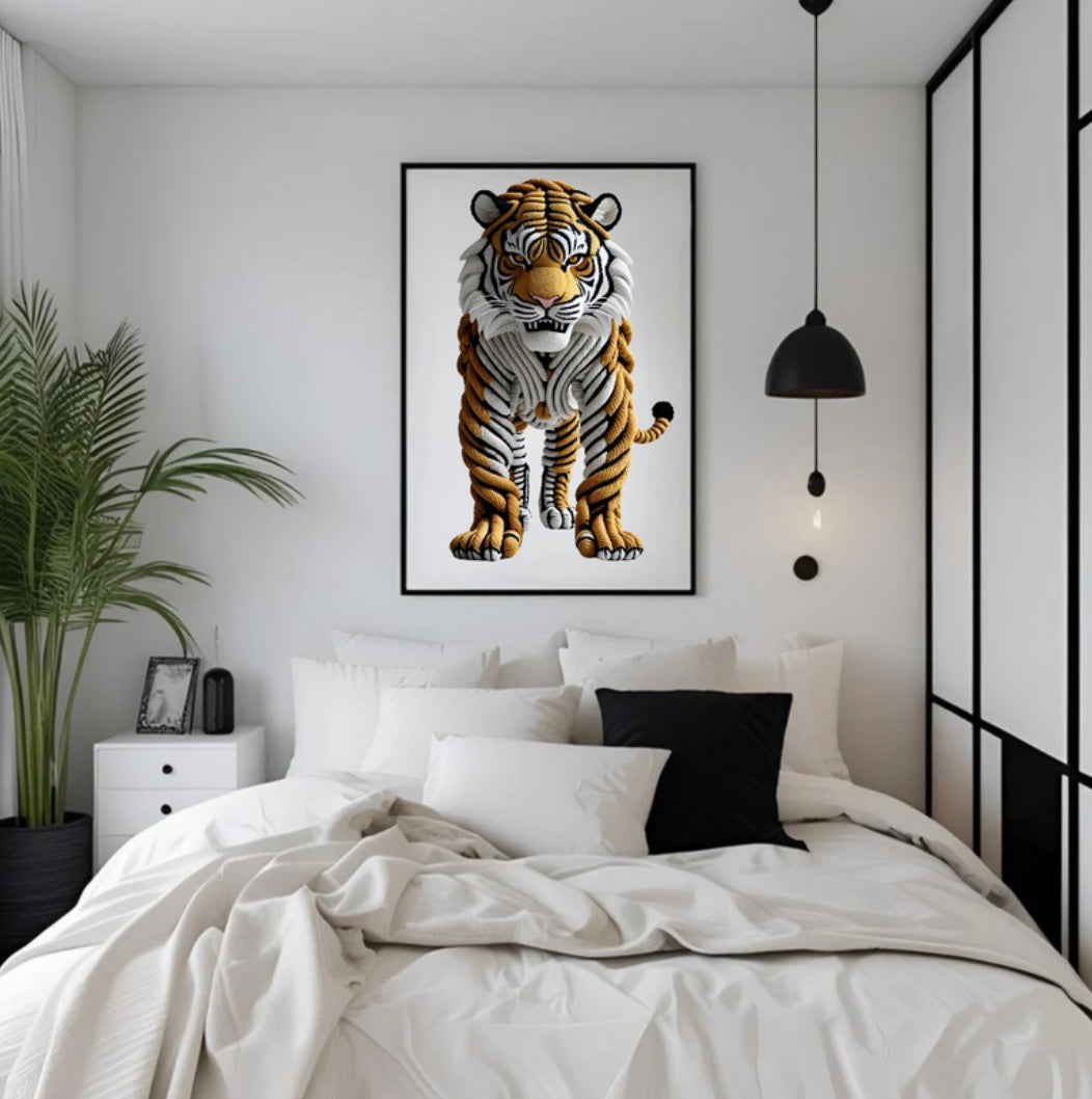Gerahmtes Tigerposter aus Seilen in 3D-Optik über dem Bett im Schlafzimmer – stilvolle und naturverbundene Wandgestaltung