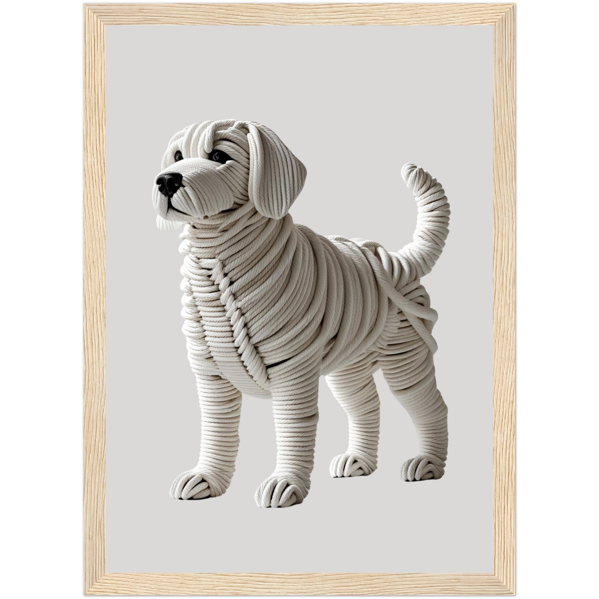 Gerahmtes Wandbild mit elegantem Hund aus Seilen und realistischer 3D-Wirkung im naturfarbenen Holzrahmen – stilvolle Tierdeko