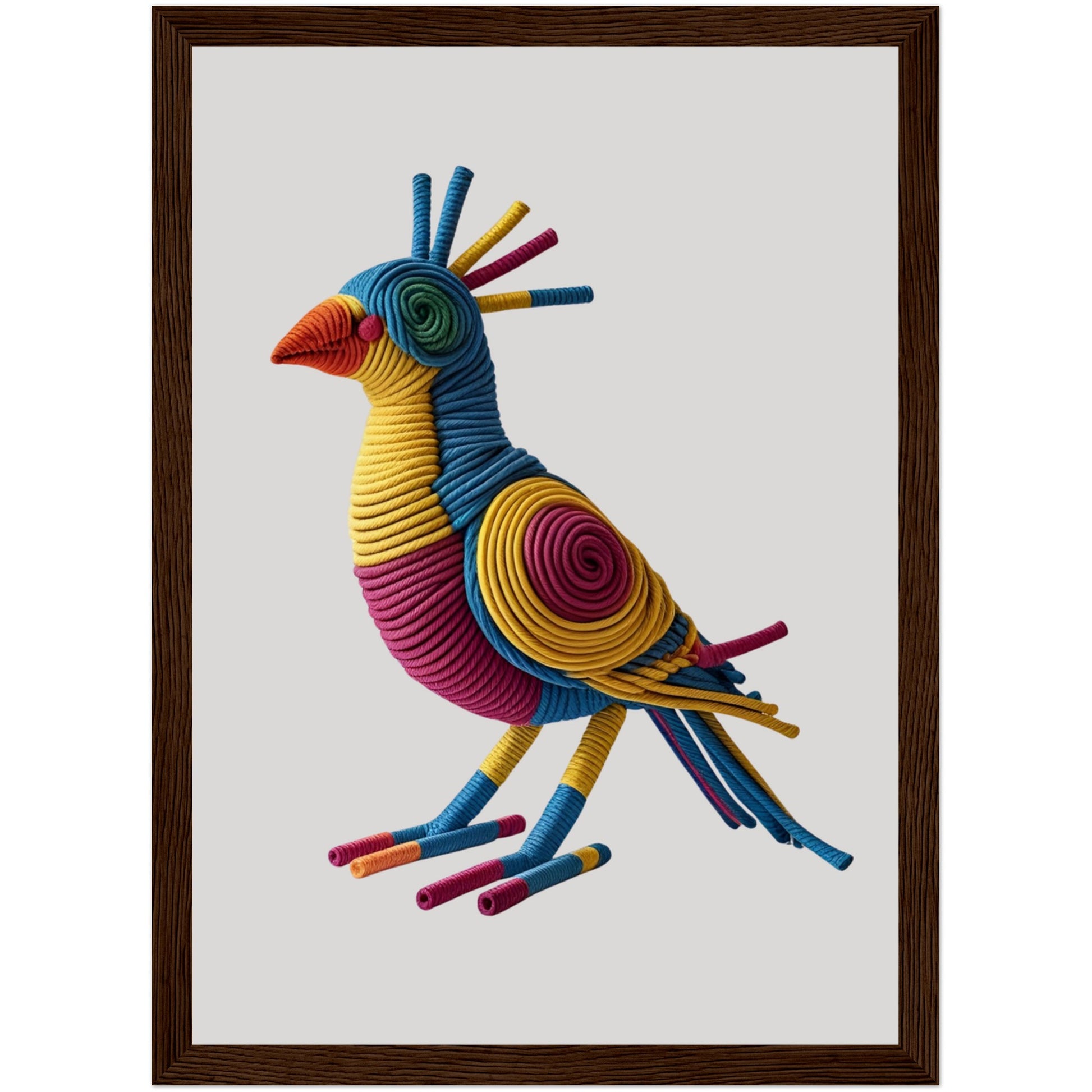 Einzigartiges Vogelmotiv aus Seil in kräftigen Farben, gerahmt in dunklem Holz, ideal für moderne Wandgestaltung im Wohnzimmer oder Schlafzimmer