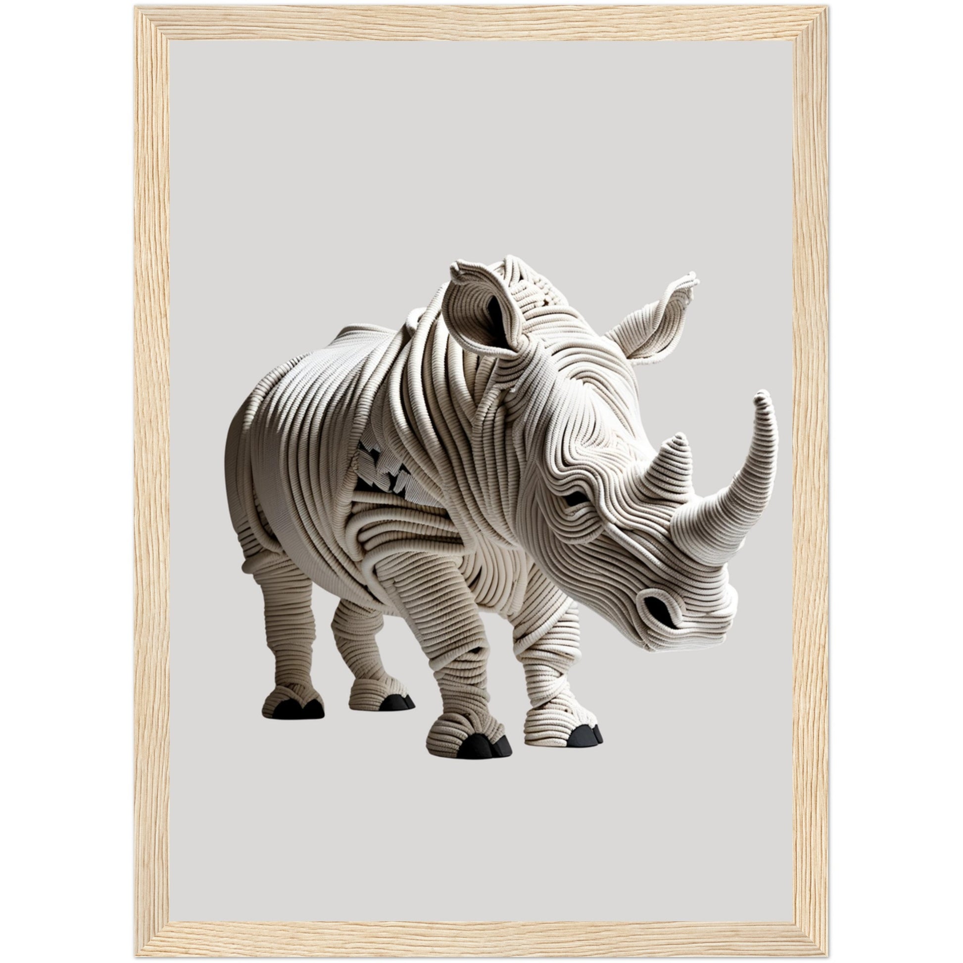 Beiges Tierposter mit detailreichem Nashorn-Motiv aus Seilen und 3D-Effekt im naturfarbenen Holzrahmen als dezente Wanddeko