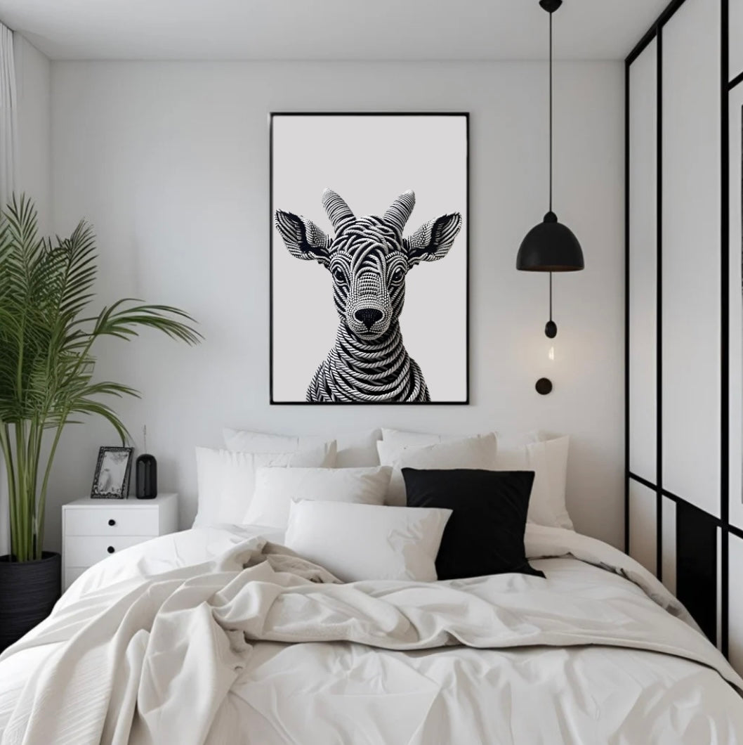 Gerahmtes Poster mit plastischem Ziegenkopf aus dunklen Seilen in 3D-Wirkung über dem Bett im Schlafzimmer – moderne Natur-Wandgestaltung