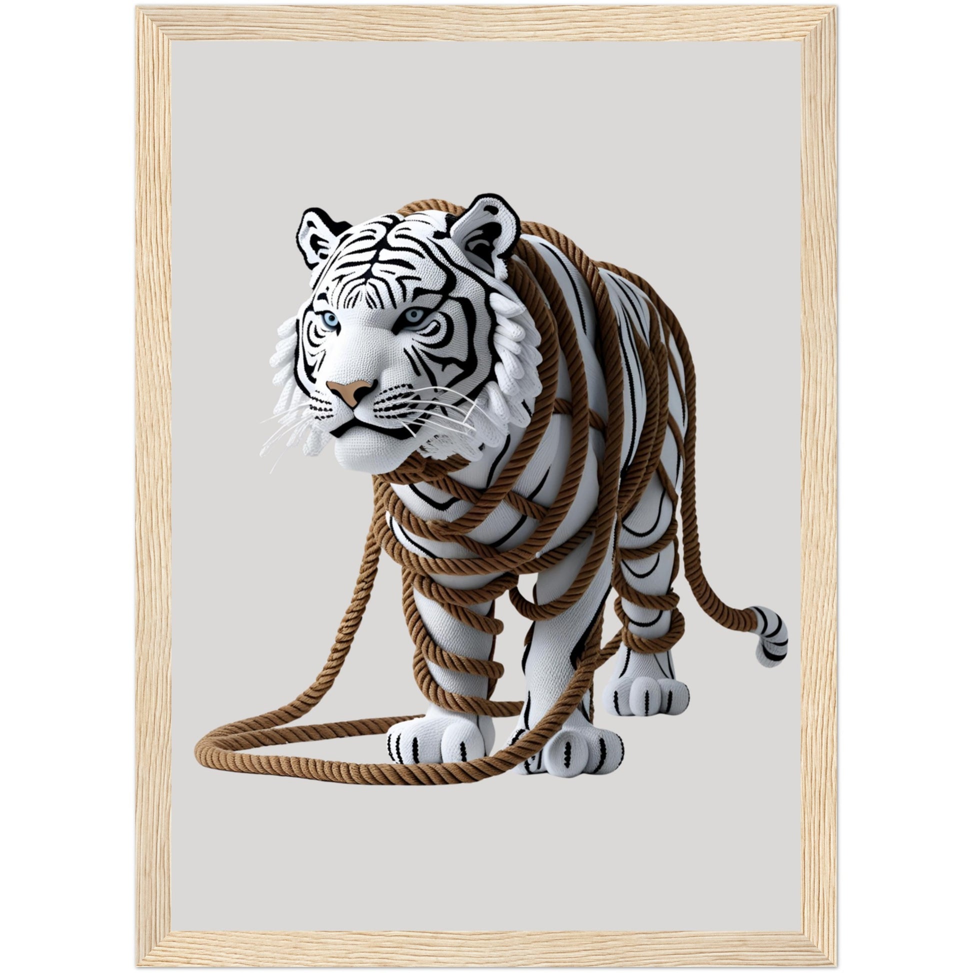 Natur-inspiriertes Tigerposter mit plastischen Seilelementen im naturfarbenen Holzrahmen – dekoratives Wandbild mit Wildtier-Motiv
