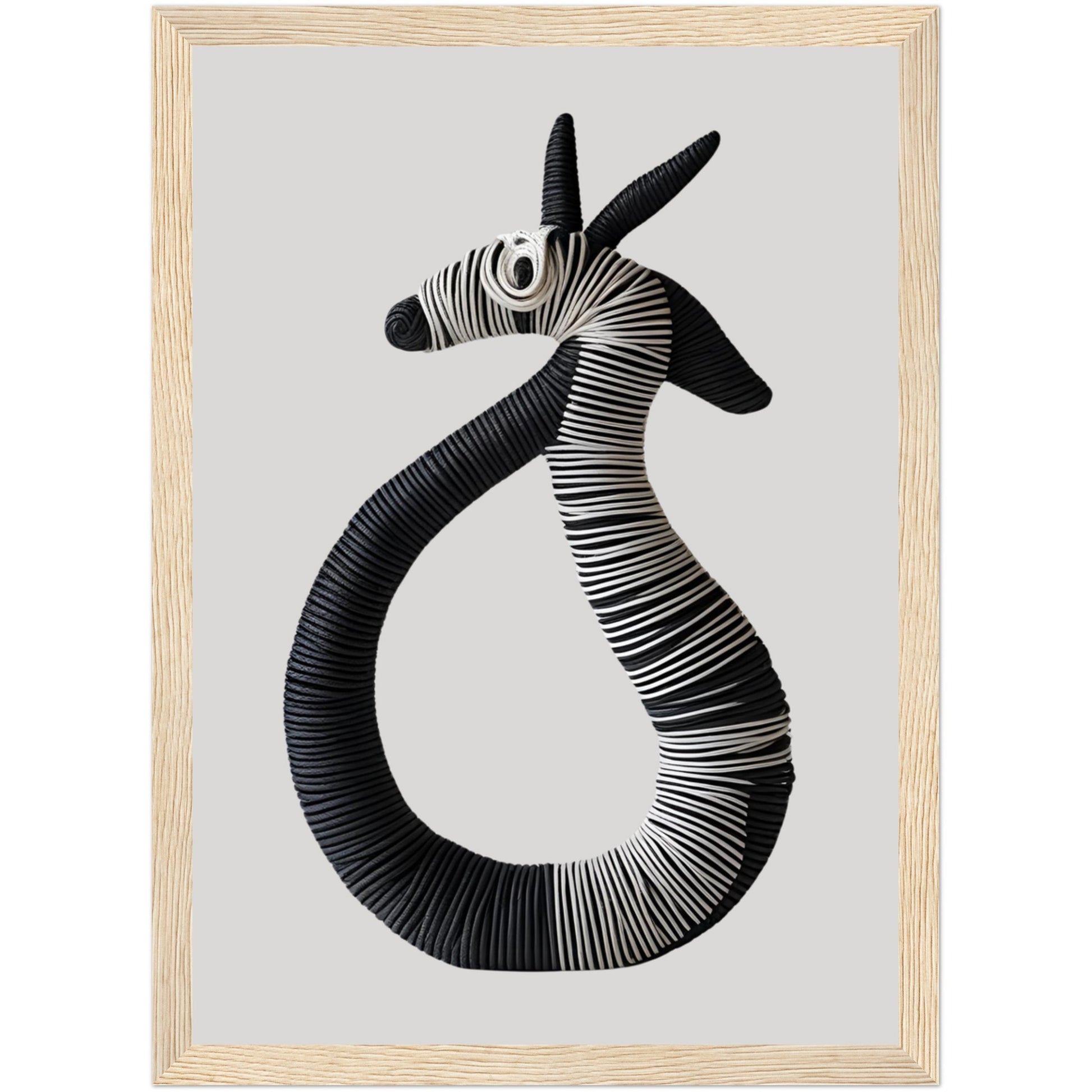 Gerahmtes Fantasietier Poster in Schwarz-Weiß mit Doppelkopf-Motiv aus Seil, 3D-Effekt, schwarzer Holzrahmen, künstlerische Wandgestaltung