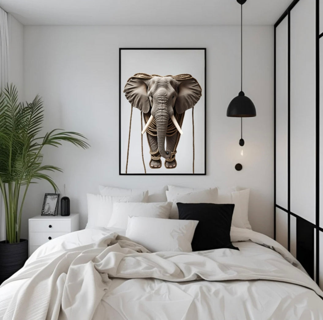 Gerahmtes Elefantenposter mit strukturierten Seildetails im Holzrahmen über dem Bett im Schlafzimmer – ruhige und naturverbundene Wandgestaltung