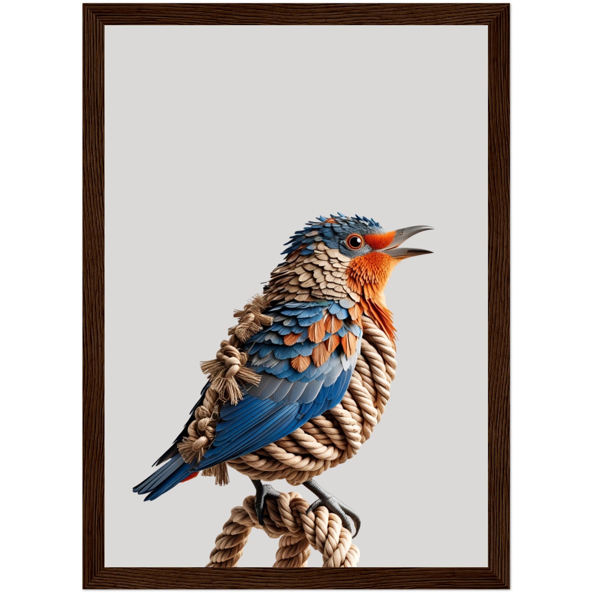 Tierposter Vogel aus Seilen – warme 3D-Optik in Braun-Orange mit dunklem Holzrahmen, modern & rustikal