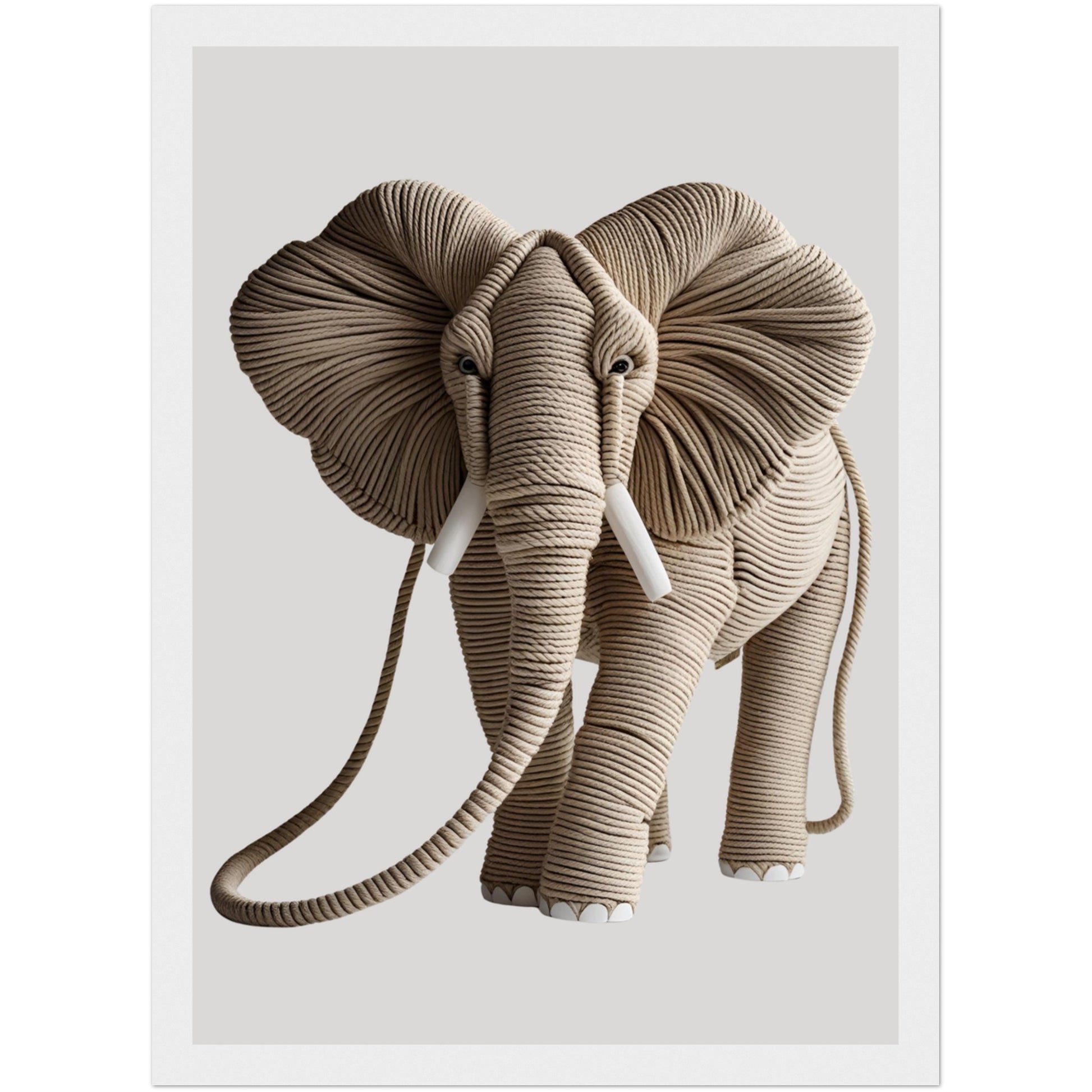 3D-Effekt Poster mit Elefant aus kunstvoll gelegtem Seil im hellen Holzrahmen – stilvolle Wandkunst für naturnahes Wohnen